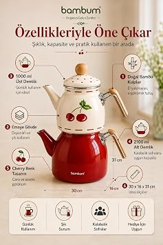 Bambum Unique - Bambu Kulplu Emaye Çaydanlık Takımı Cherry