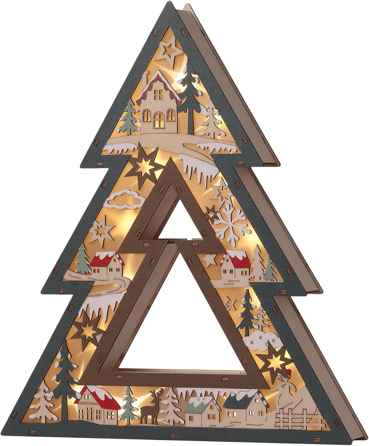 Wooden Christmas Tree Lighted Tabletop Decor, Xmas Winter Village Ornament