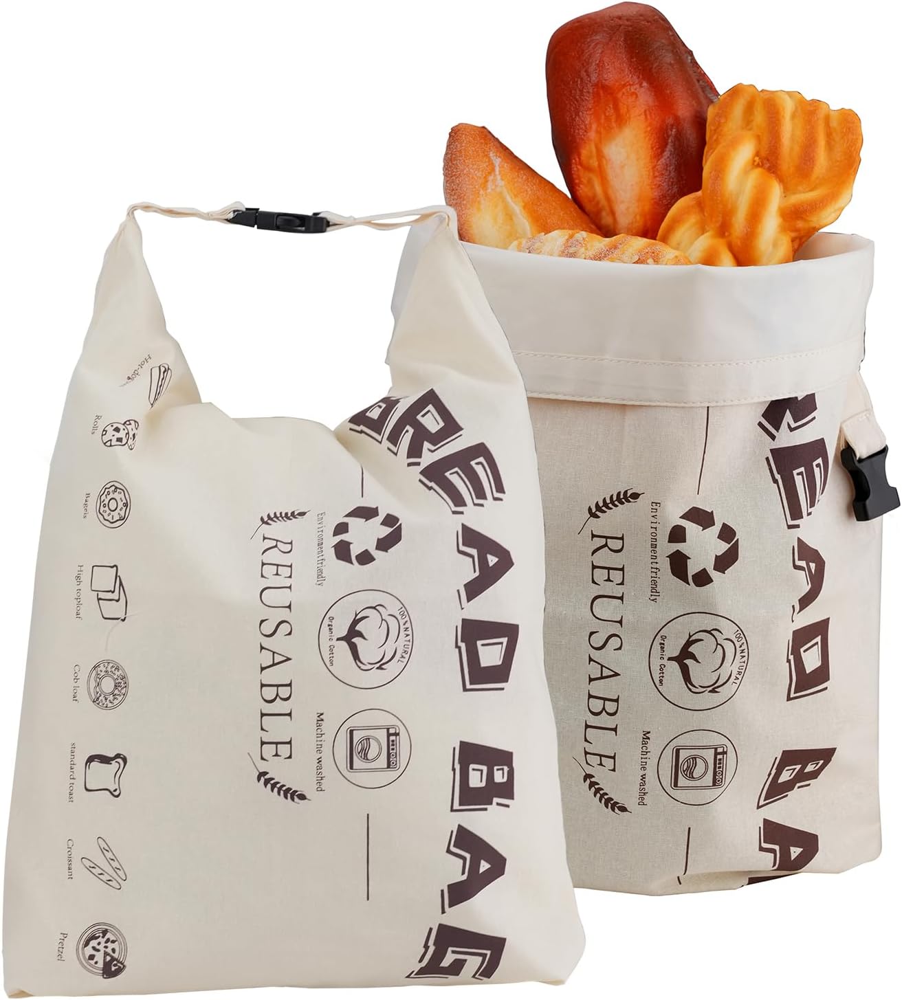 2PC Reusable Bread Bags, Beeswax Wraps for Homemade Bread, Portable Handle Bread Storage Bag for Fresh Keeping, Large Capacity Sourdough Bread Bags with Lining for Picnic, Camping, School, Work