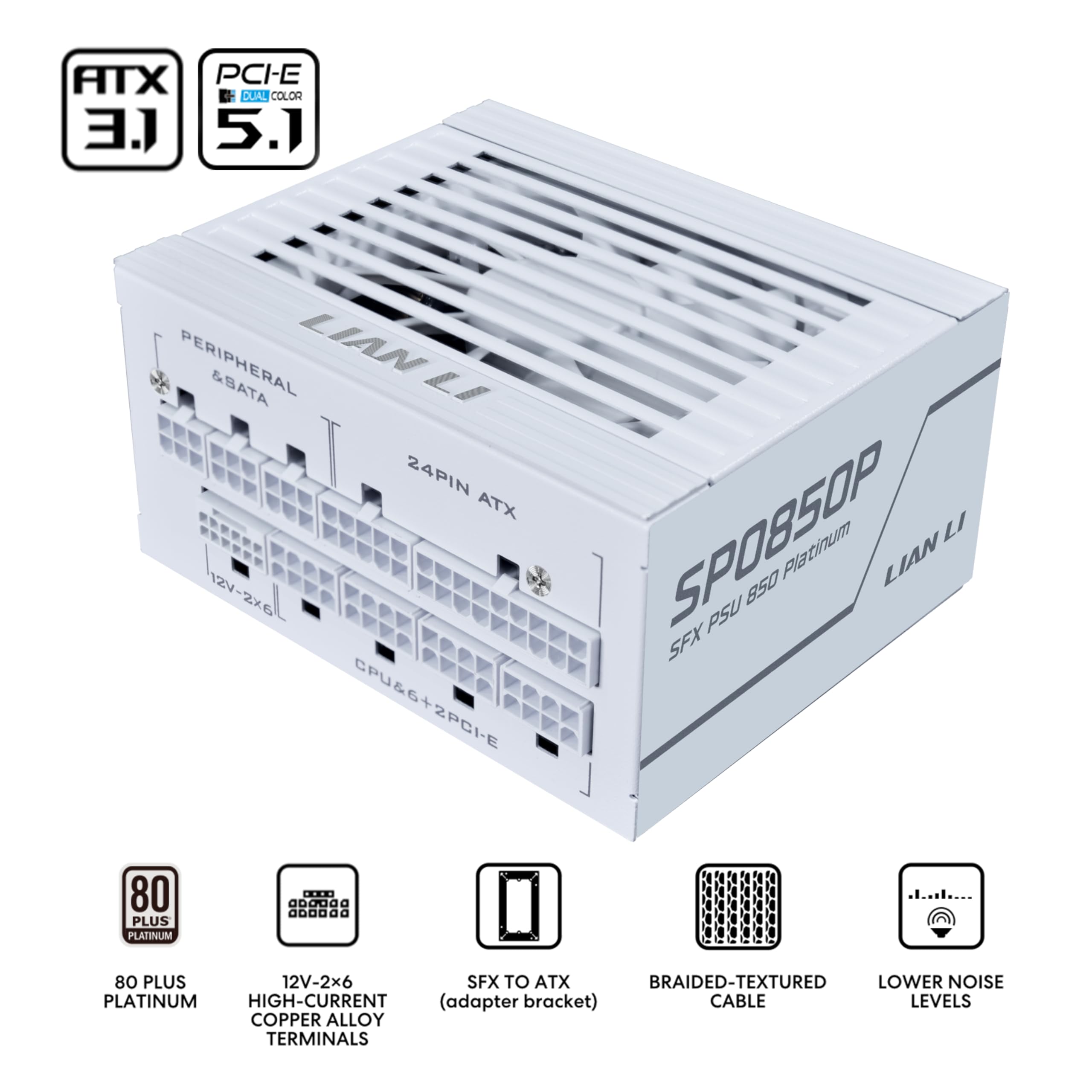 Lian Li SP850 Platinum - Fuente de alimentación de Factor de Forma SFX de 850 W con Cable de 12 V-2 x 6 - Cumple con ATX 3.1 y PCIE 5.1 - Modular Completo - Condensadores 105C 100% japoneses - Blanco