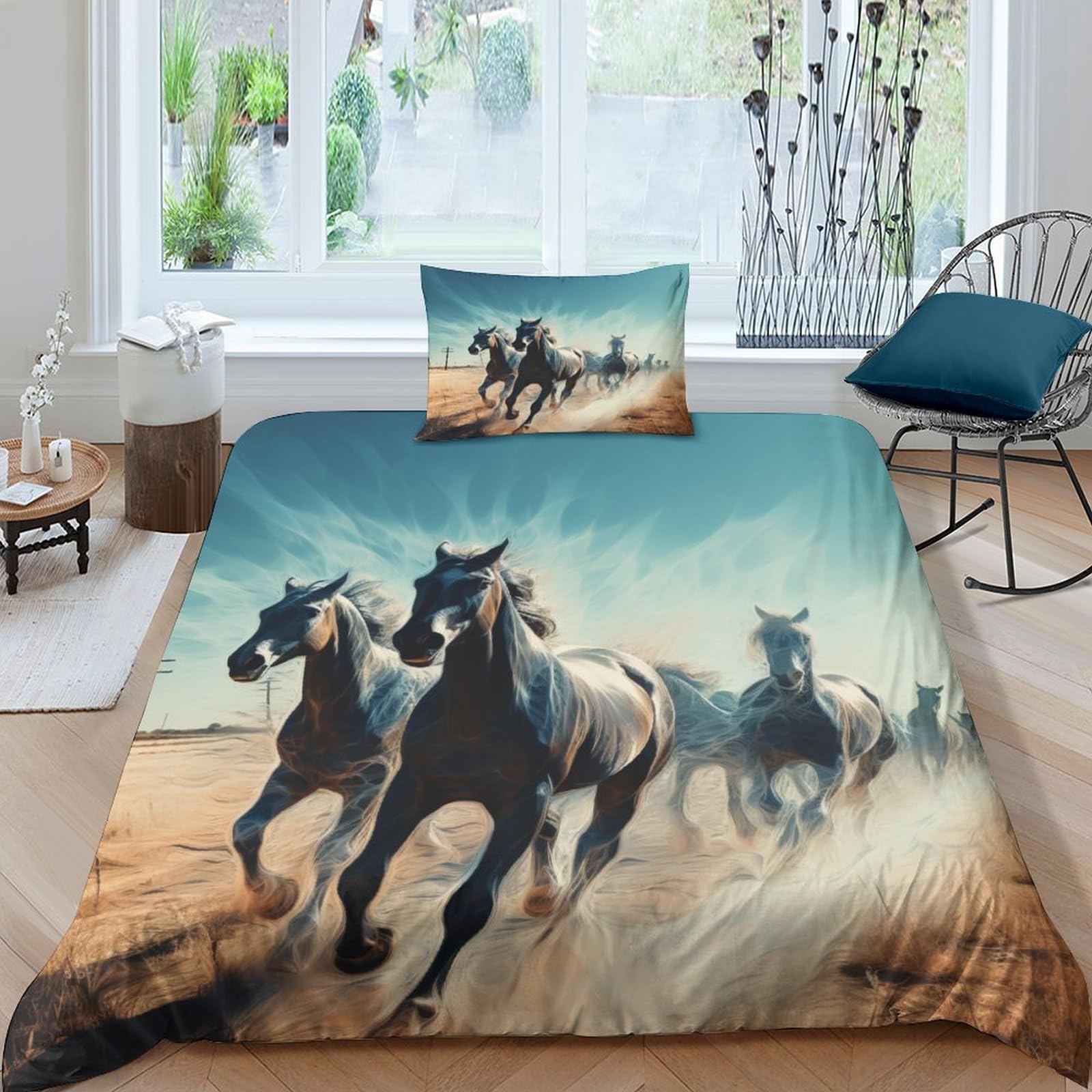 Prancing Horse 3D Printed Bedding Set for Children Teens Wildlife Duvet Cover Set with Pillowcase Microfiber Quilt Cover with Zipper Closure Single（135x200cm）