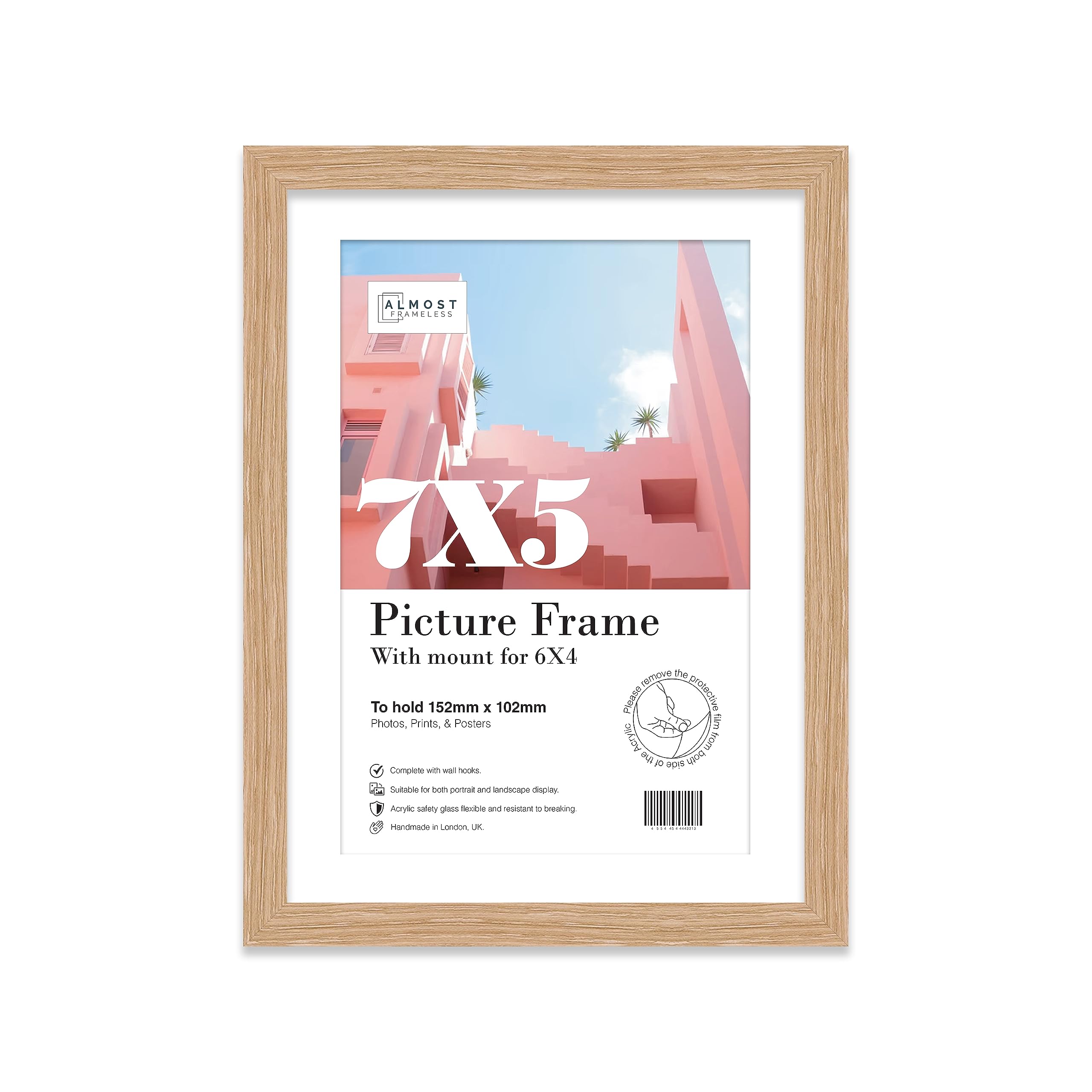 Almost Frameless 7x5 Oak Picture Frame With Mount for 6x4 Print, Poster or Photo Poster, Photo, Artwork, or Print. Thin Edge Slim Frame Portrait and Landscape Display with Wall Hooks