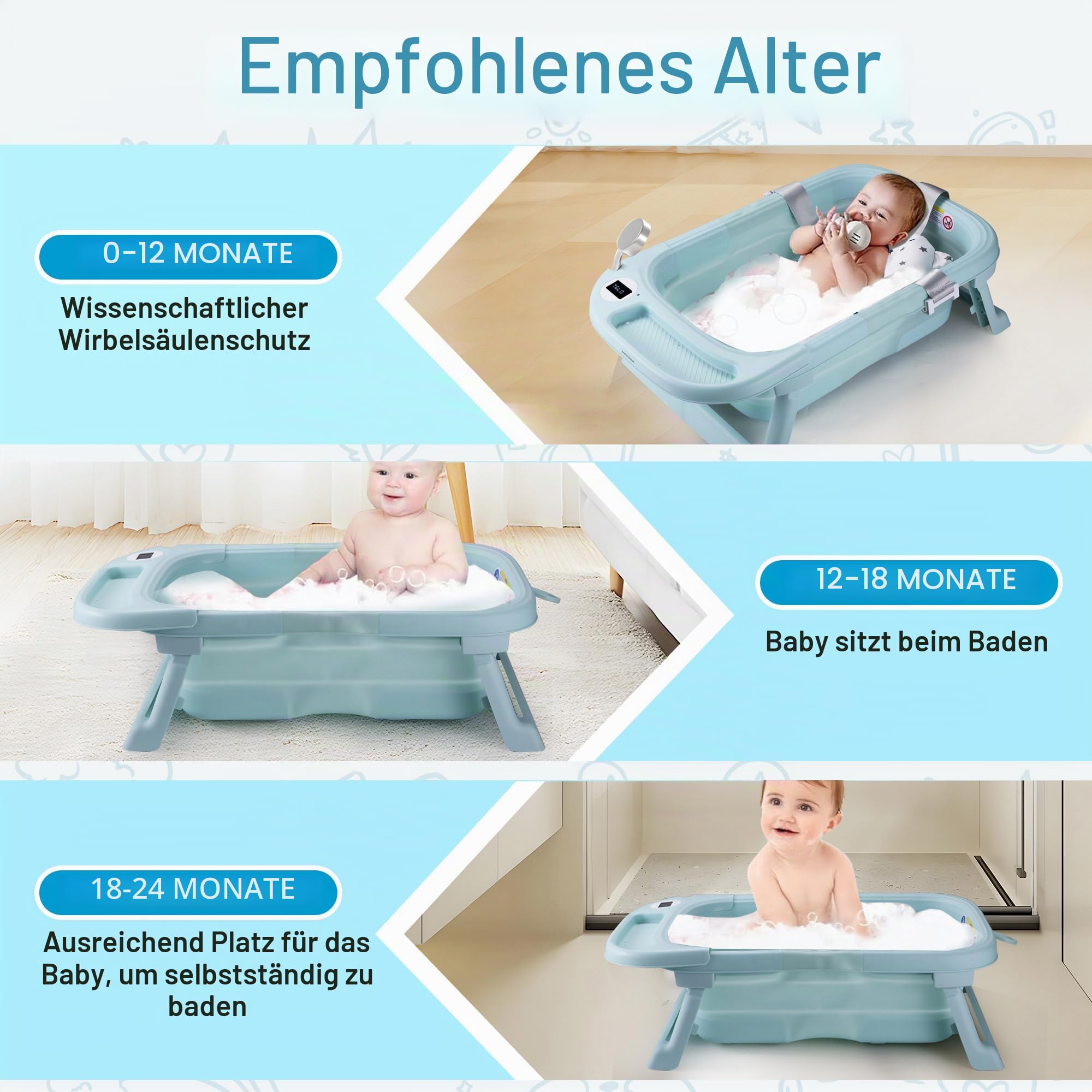 Large Foldable Baby Bath with Bath Mat, Baby Bathtub Foldable with Shower Head Connection and Integrated Thermometer (BLUE+)