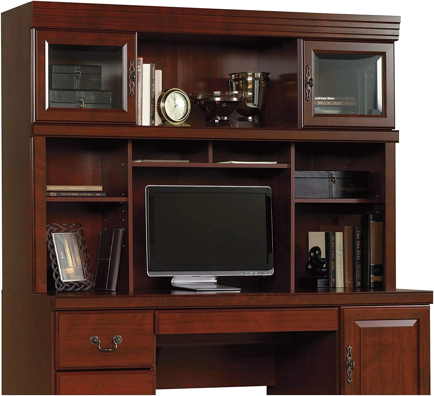 BOWERY HILL Computer Credenza Hutch, 59 in Wide, Classic Cherry Finish, Safety-Tempered Glass Doors, 2 Adjustable Shelves, Cubbyhole Storage, Office Desk Accessory for Organizing and Display