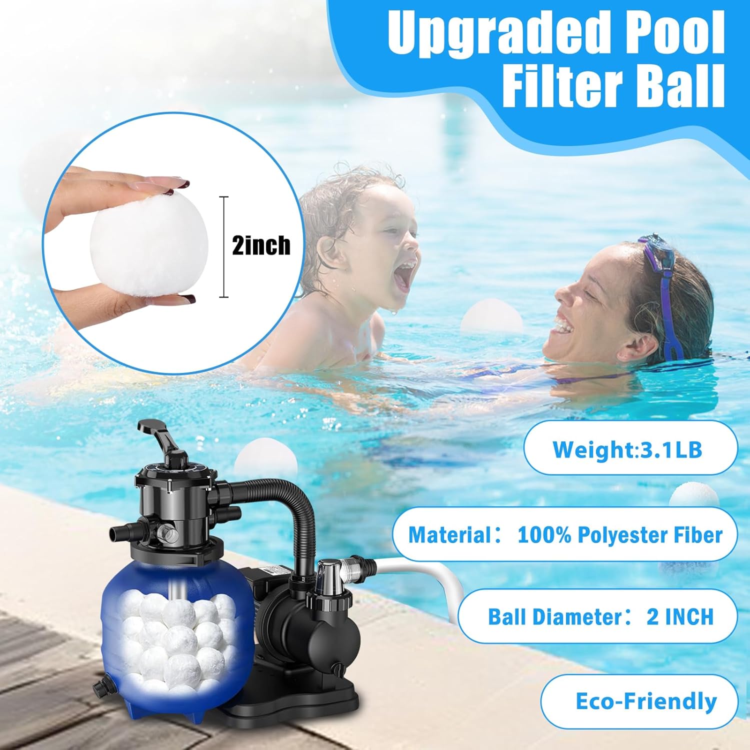 MJZ Pool Filter Balls for Sand Filter, 3.1 Lbs Reusable Sand Filter Balls for Swimming Pools, Efficient Eco-Friendly Polysphere Pool Filtration Balls, Pool Filter Balls Media for Sand Pump
