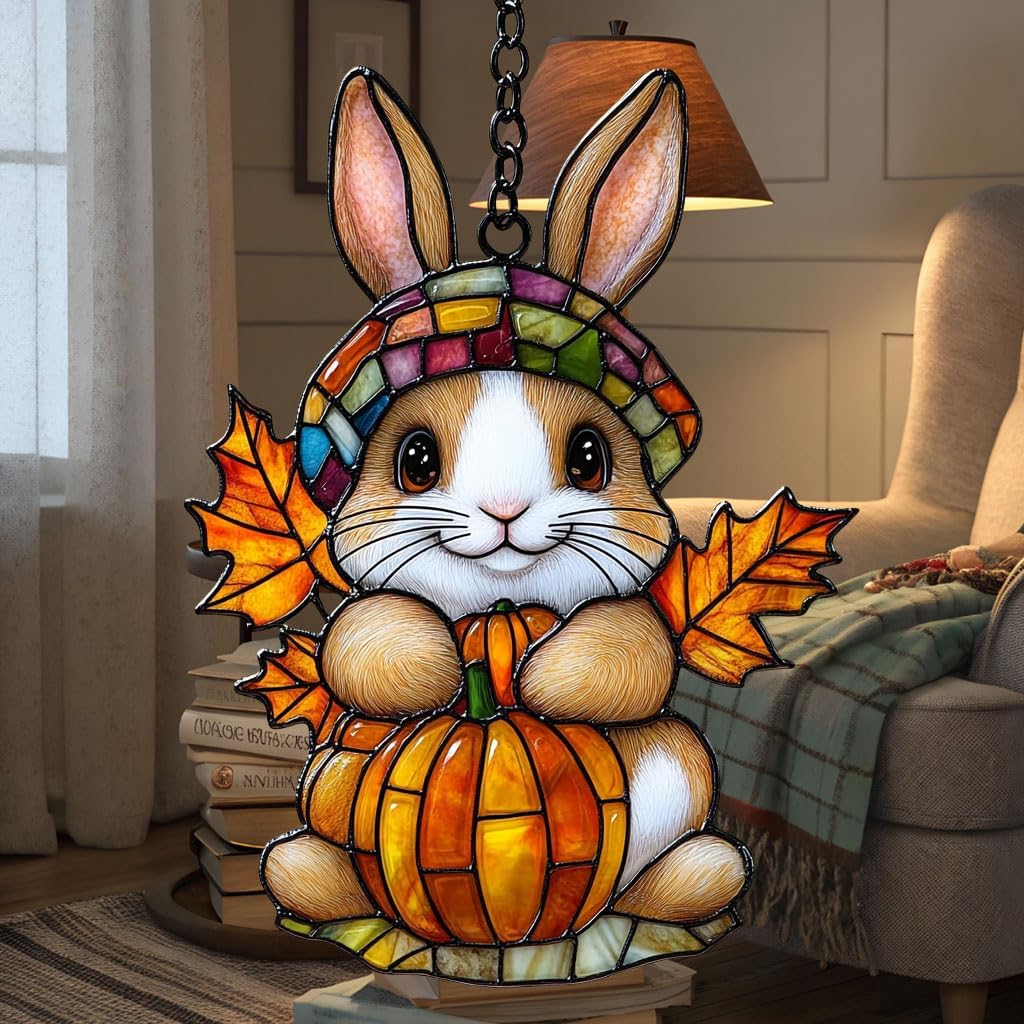 Autumn Bunny Pumpkin Maple Acrylic Suncatcher Stained Glass Effect Window Car Hanging Christmas Ornament Indoor Outdoor Decor Garden Sun Catcher Panel for Thanksgiving Lover for Women Mom Grandma
