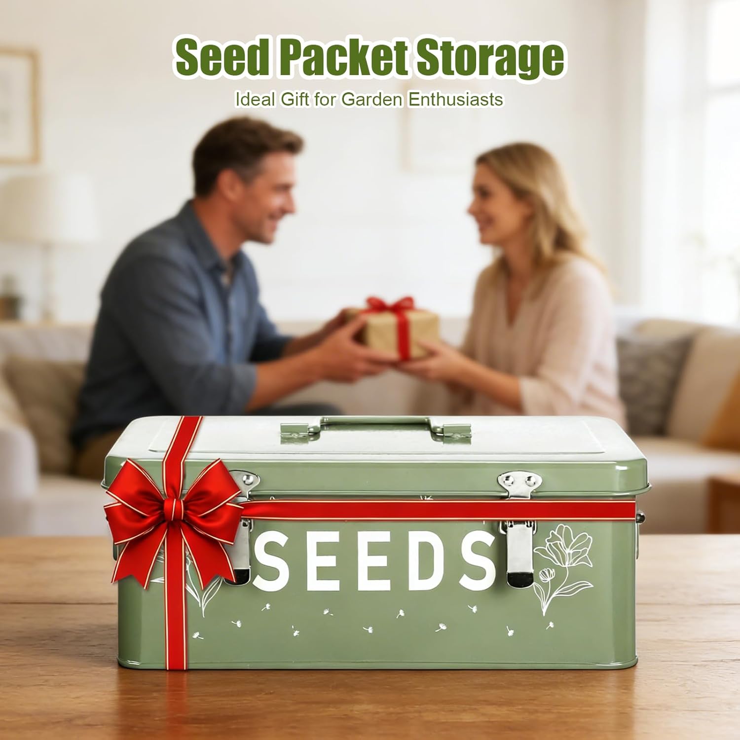 Seed storage organizer, Large Metal Seed Storage Container with Dividers, Seed Organizer Box with 50 Seed Envelopes, 100 Plant Labels (5 Colors) & 50 Plant Clips