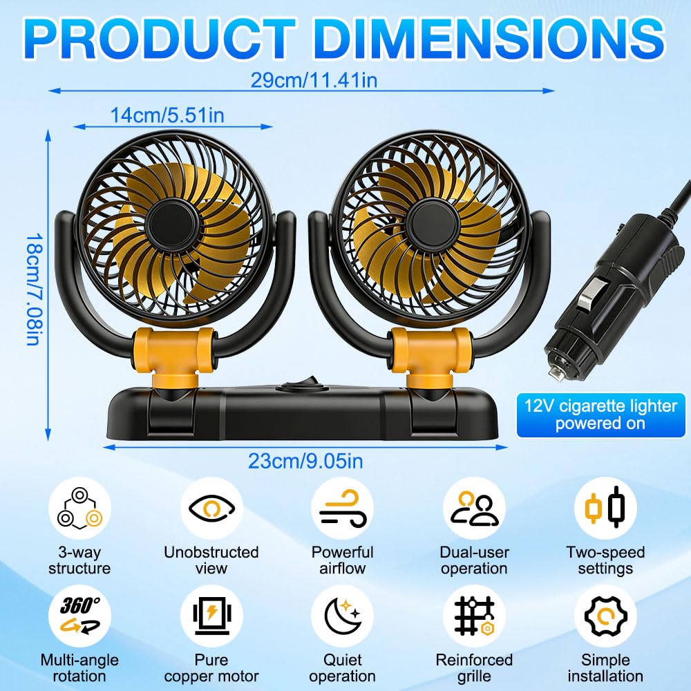 Ventilatore per auto, 12 V, doppia testa, portatile, rotazione a 360°, silenzioso, a 2 velocità, con presa accendisigari, per camion, SUV, camper