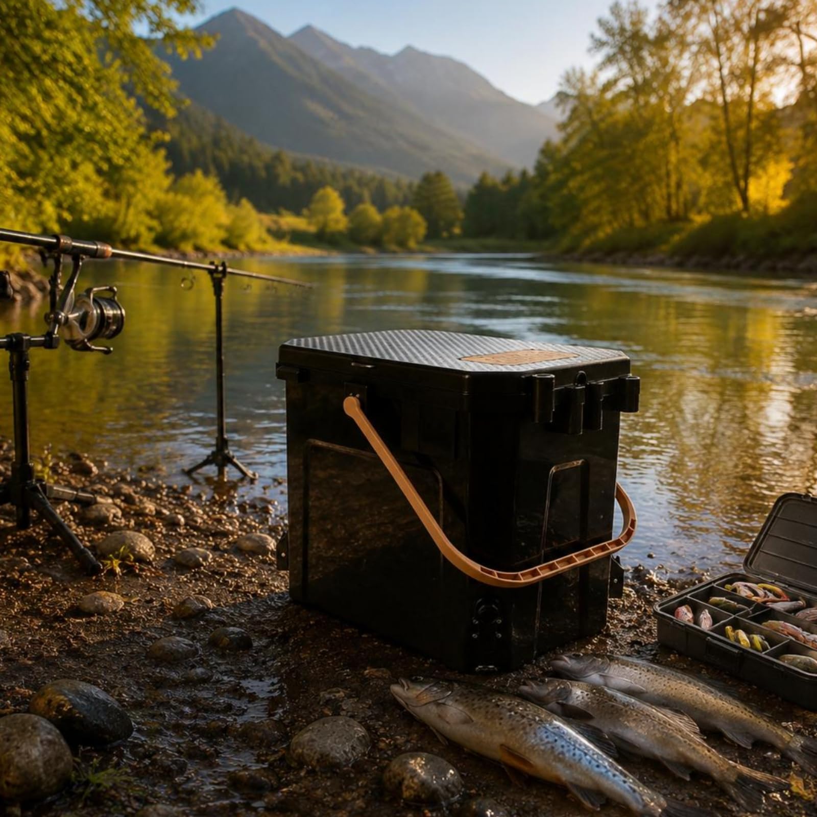 Contenedor de Pesca Caja Cubo Baúl Recipiente Elevado con Regulables para Terrenos Irregulares Tapa Antideslizante y Asa, Básico Cubo Desnudo con Patas Elevables Y Caja De Almacenamiento
