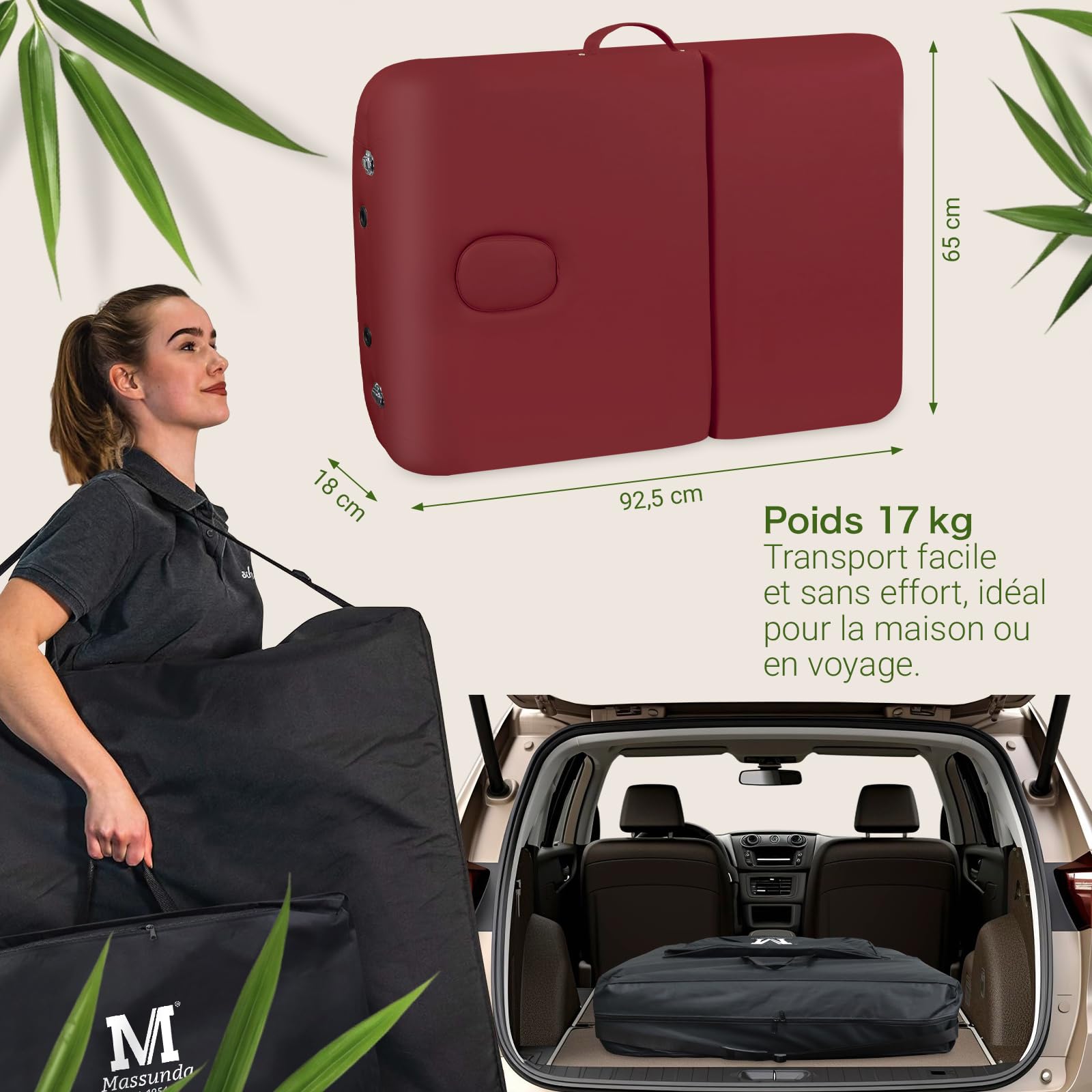 MASSUNDA All INKL Chaise de Massage Pliante et réglable en Hauteur – Table de Massage Mobile en Bois Massif avec Housse en éponge, accoudoirs et dossiers, appuie-tête Ergonomique (Bordeaux)