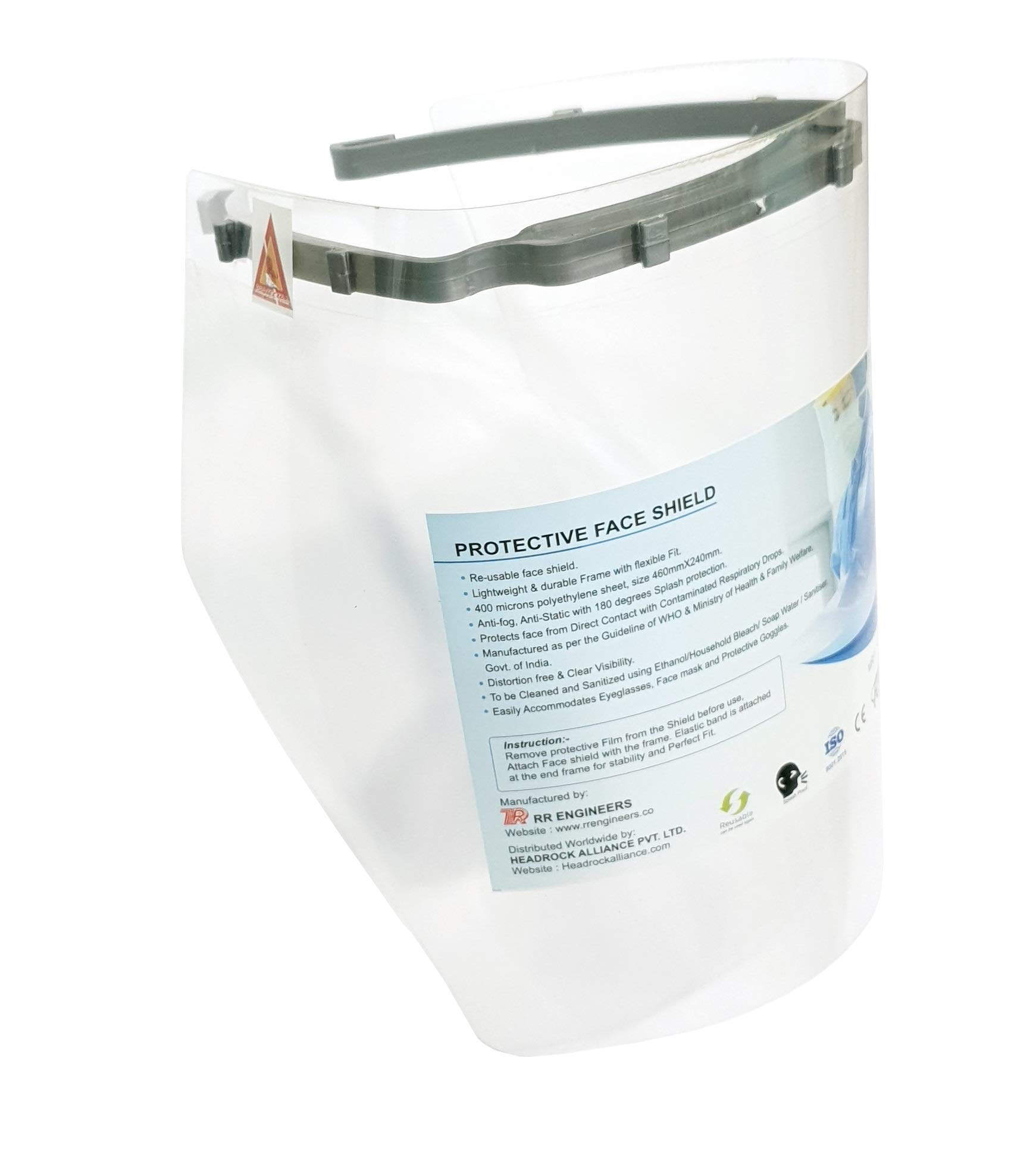 Protectra Face Shield, Reusable face Shield, Face protection, Full Face Visor (PACK OF 5 SHIELD WITH 5 PIECES OF BANDS) (Grey)