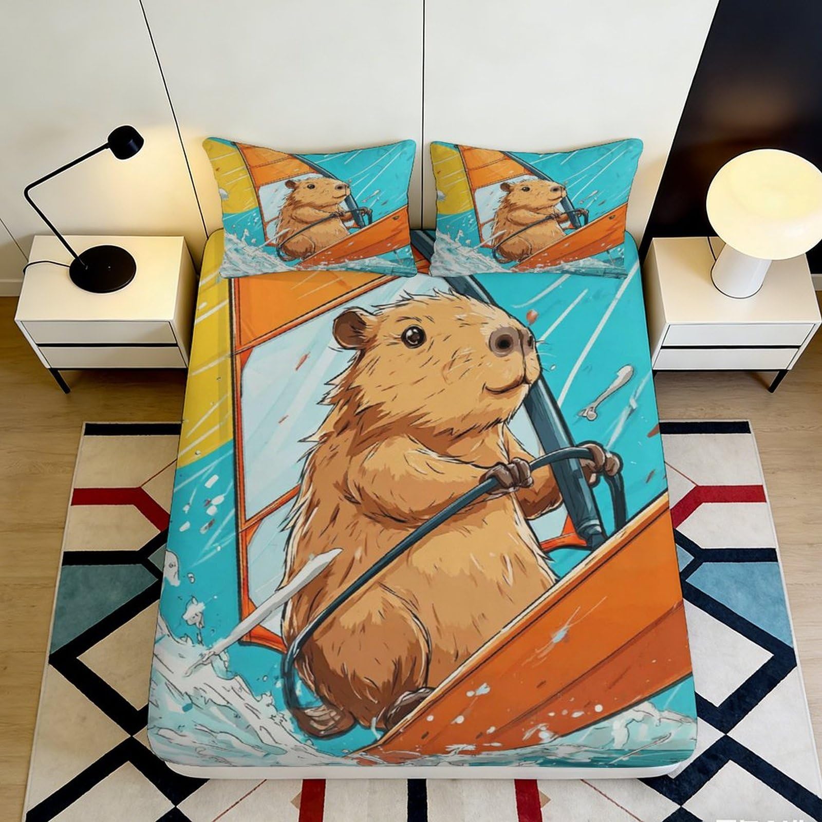 3D Printed Windsurfing Capybara Fitted Sheet Microfiber Soft Orange Blue Cartoon Mattress Cover for Bedroom Guestroom Decor 180x200x25cm