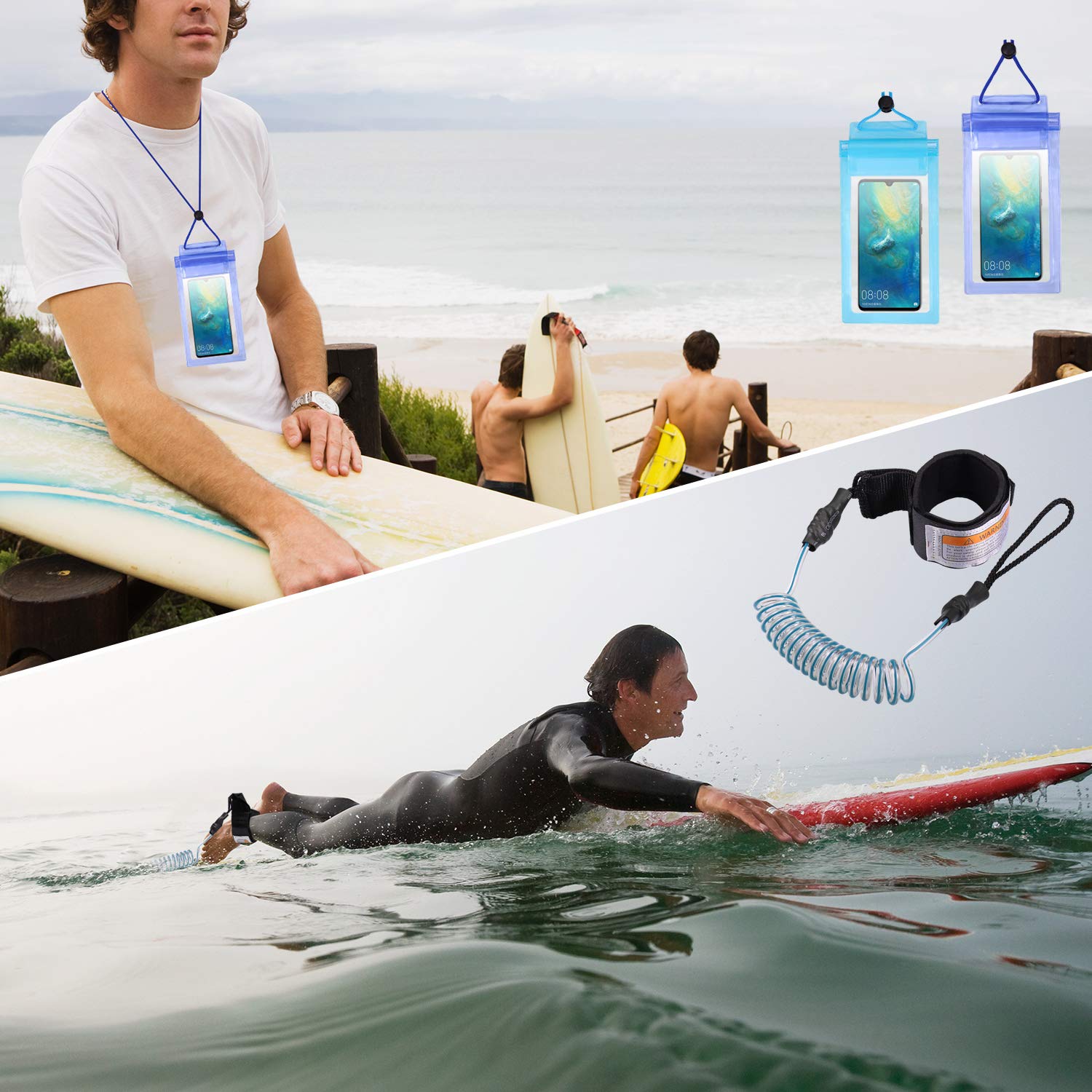 Zocipro Laccio di Sicurezza da Surf, Leash Surf Sup con 2 Pezzi Custodia Impermeabile per il Telefono, 6 Piedi SUP Guinzaglio per Surf Paddle Board, Porta Cellulare Subacquea Universale