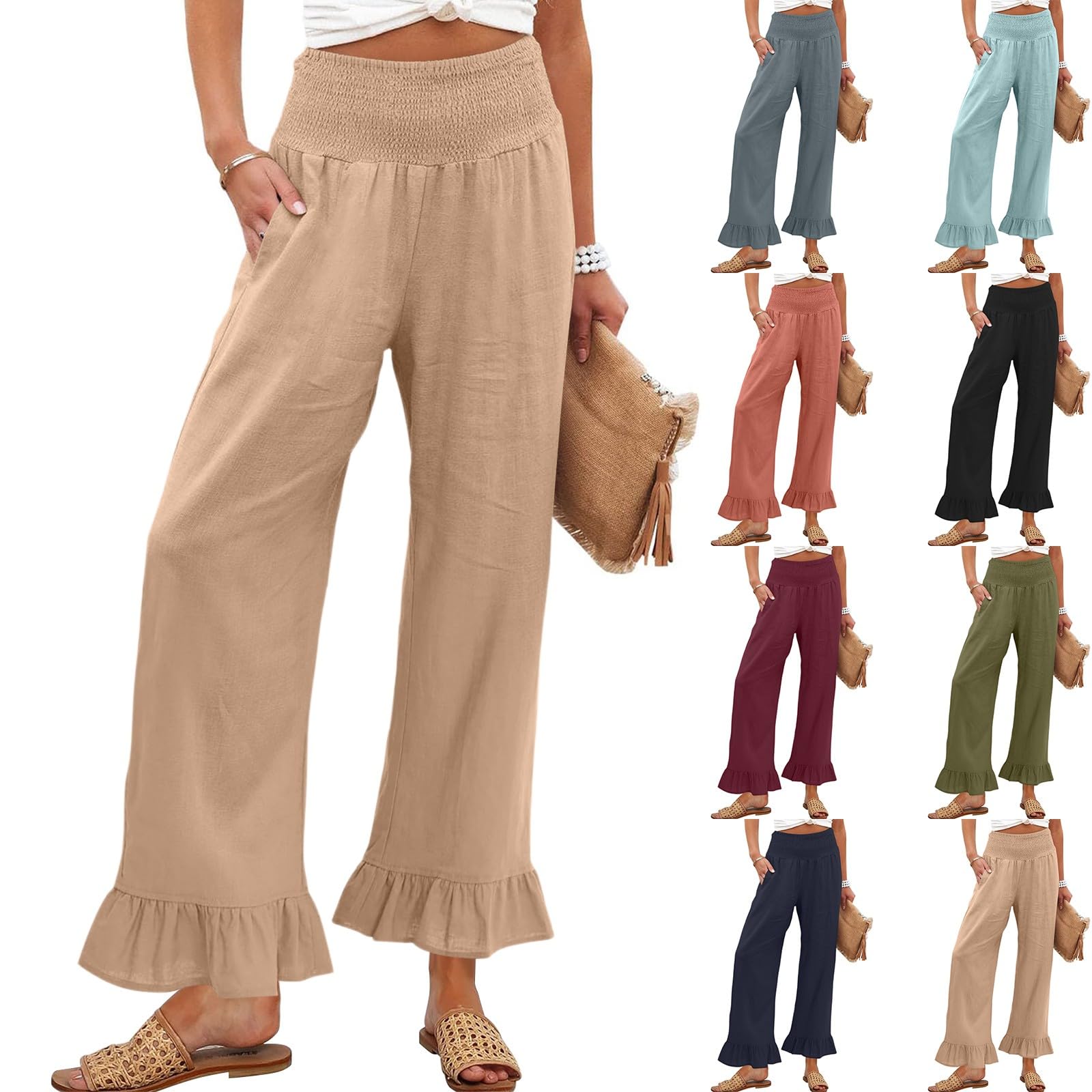Cropped Linen Pants Women Summer Ruffle Wide Leg Pants Casual Smocked Waist Palazzo Pant High Waisted Boho Flowy Beach Pant with Pockets Vacation Dressy Travel Cropped Trousers Capri Yoga with Pockets