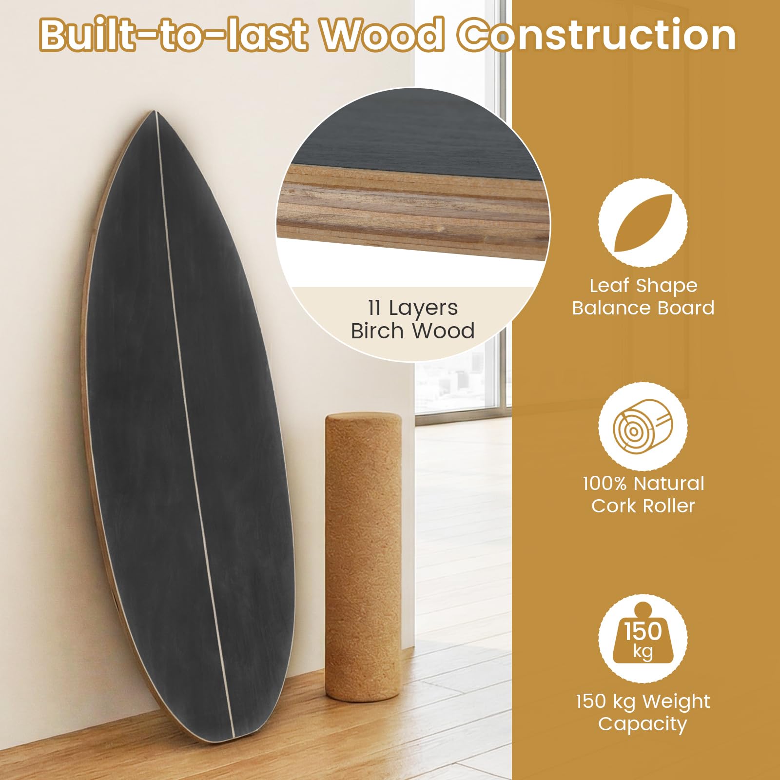 GYMAX Tavola per Equilibrio in Legno con Rullo in Sughero e Supporto di Stoccaggio, Balance Board a Forma di Foglia per Allenamento Surf, Skateboard e Snowboard per Adulto e Bambini