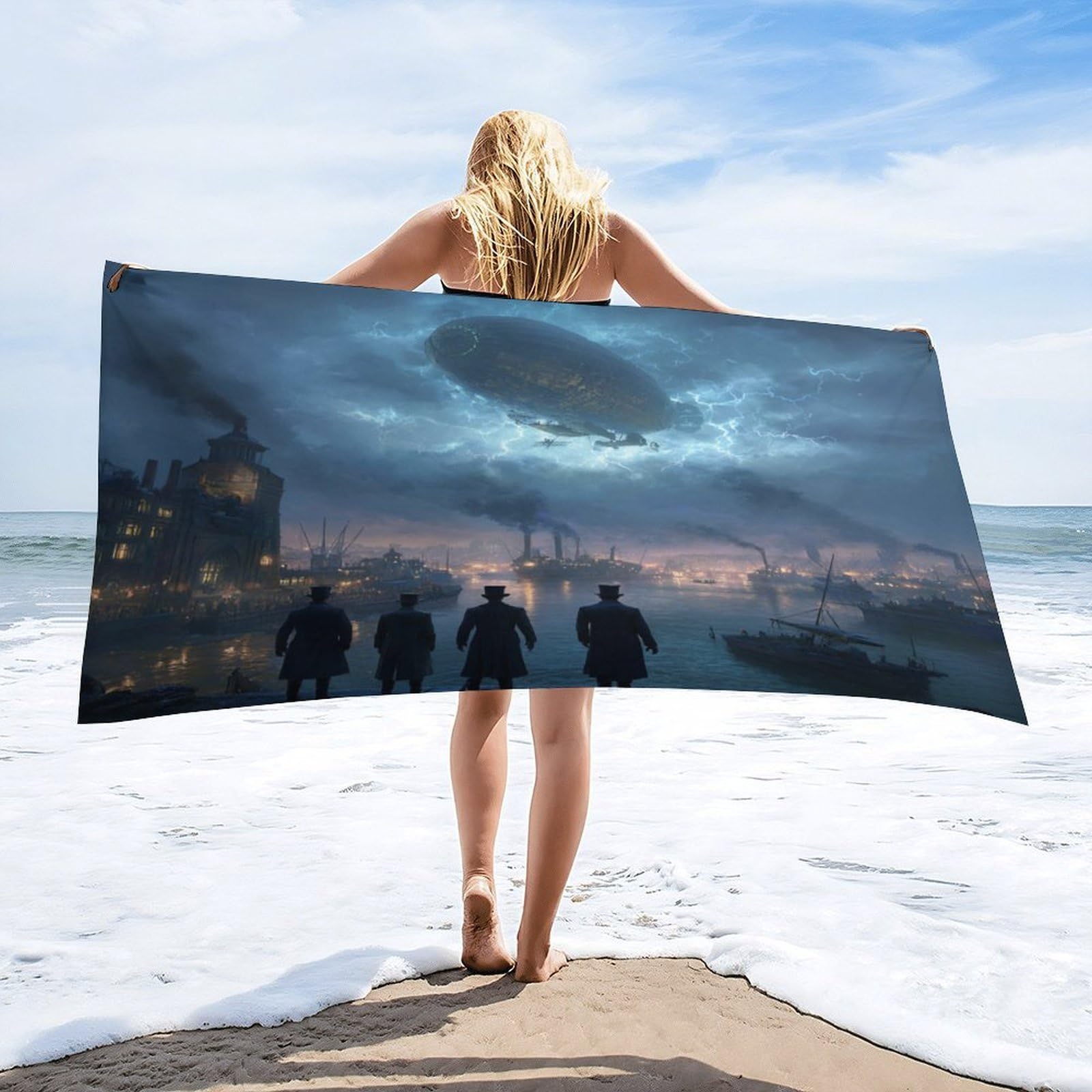 LUYYSKY Funny Cool Steampunk Airship Absorbent Beach Towel, Mid Century Oil Painting Coastal City Lightning Ship Pattern Outdoor Single-Sided Velvet Beach Towel-80 W cm x 160" L cm