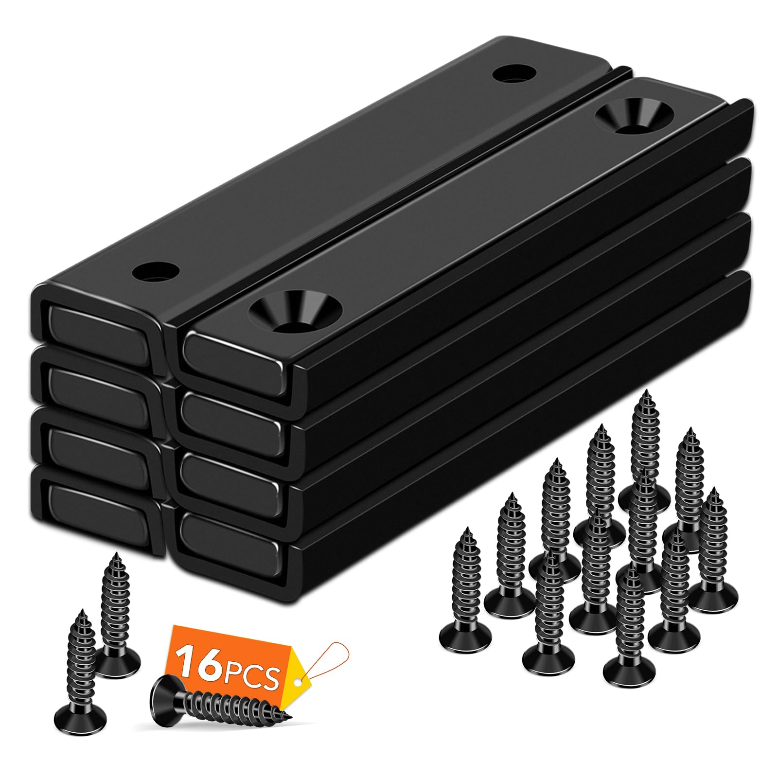 DIYMAG Strong Neodymium Rectangular Magnets 8Pack, 2.36" x 0.53" x 0.20" 80LBS Pulling Force Countersunk Hole Magnet with Mounting Screws Rare Earth Cabinet Magnetic Bar for Wall Mounting,Black