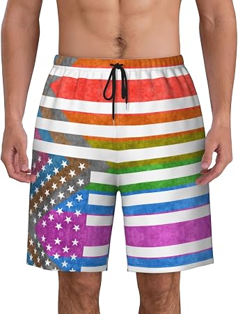 Mens Beach Shorts American Flag Pride Mens Swim Trunks Board Shorts with Pockets Swimwear Bathing Suits