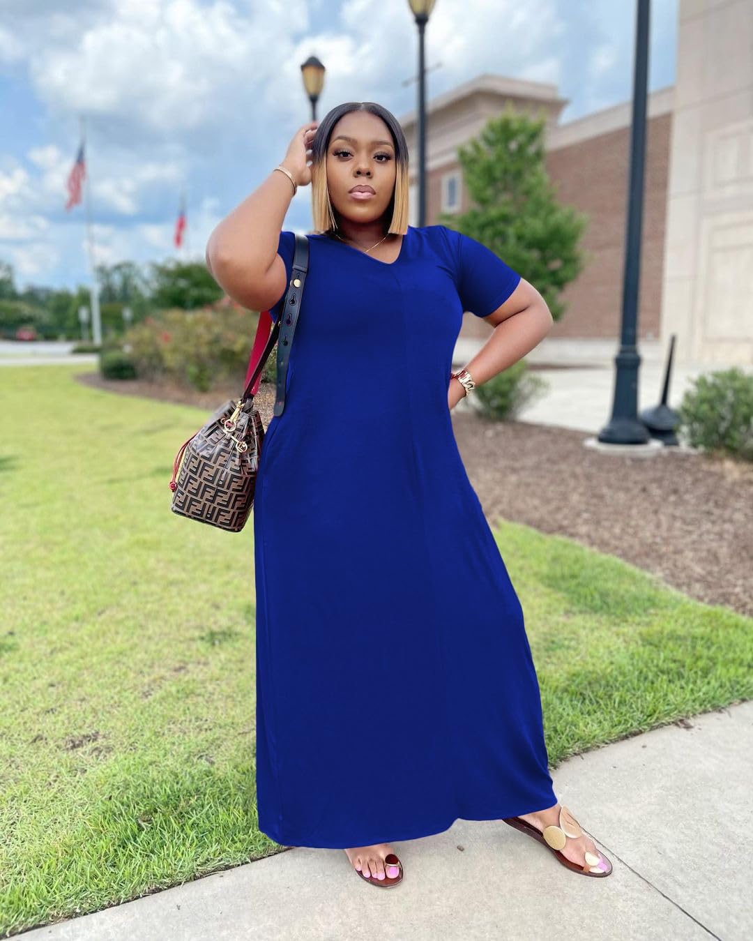 TOPSRANI Womens Plus Size Maxi Dresses for Women Oversize Casual Short Sleeve V Neck Loose Plain Solid Trendy Summer Dress Blue 5XL - Image 2