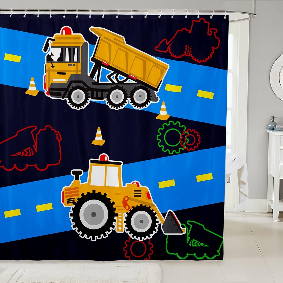 Kids Truck Bath Curtain - Boys Construction Vehicle Curtain, 72" W x 72" L, Excavator & Bulldozer Pattern