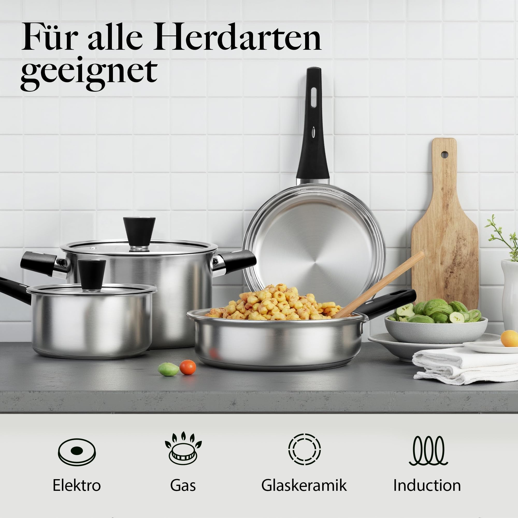 6-Teilig Topfset Pfannenset aus Edelstahl Induktions Töpfe Set Kochtopf Set mit Deckel vielseitig Topf und Pfannenset für Alle Herdarten spülmaschinenfest unbeschichtet Kochtopfset für gesundes Kochen