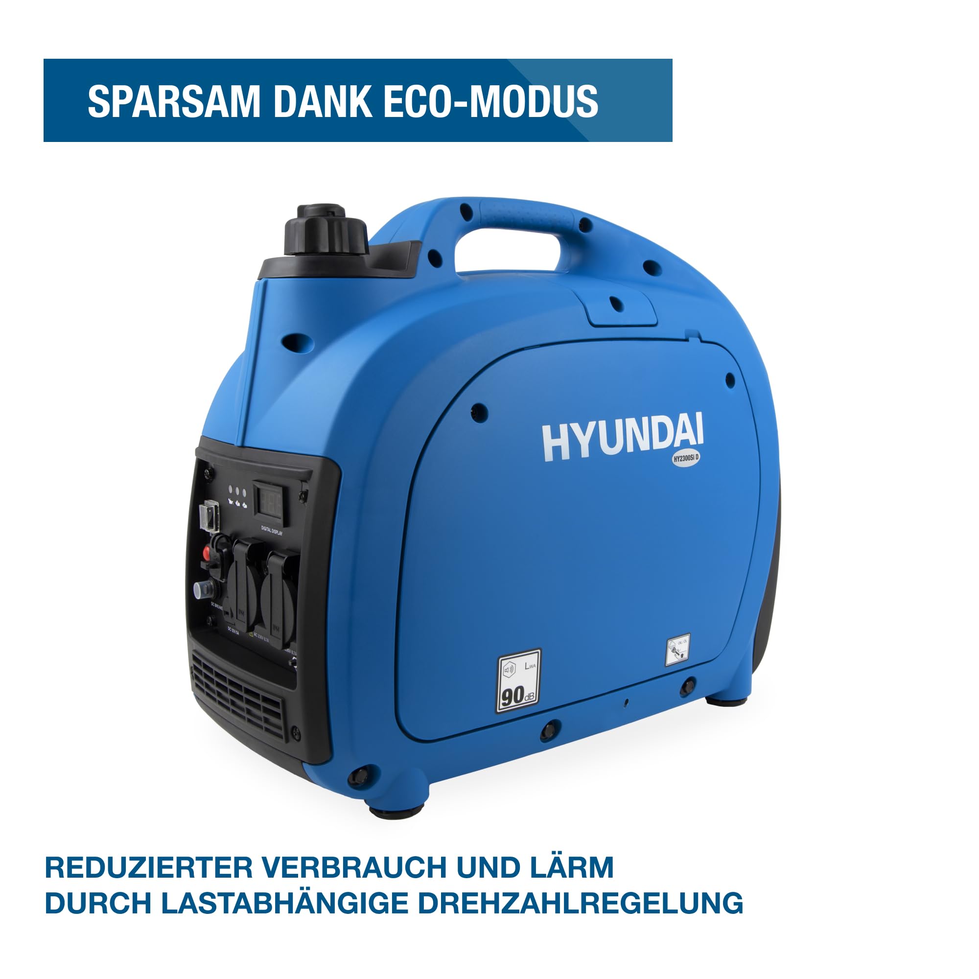 HYUNDAI Inverter Stromgenerator HY2300Si D | Stromerzeuger mit 2.2 kW max. Leistung, Benzin Notstromaggregat, leise, leicht und sparsam