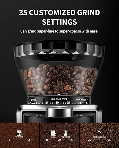 Miniatura 4 de Molinillo de café con rebabas cónicas, molinillo eléctrico de frijoles para molienda precisa, 35 ajustes, selector de 2 a 12 tazas, diseño