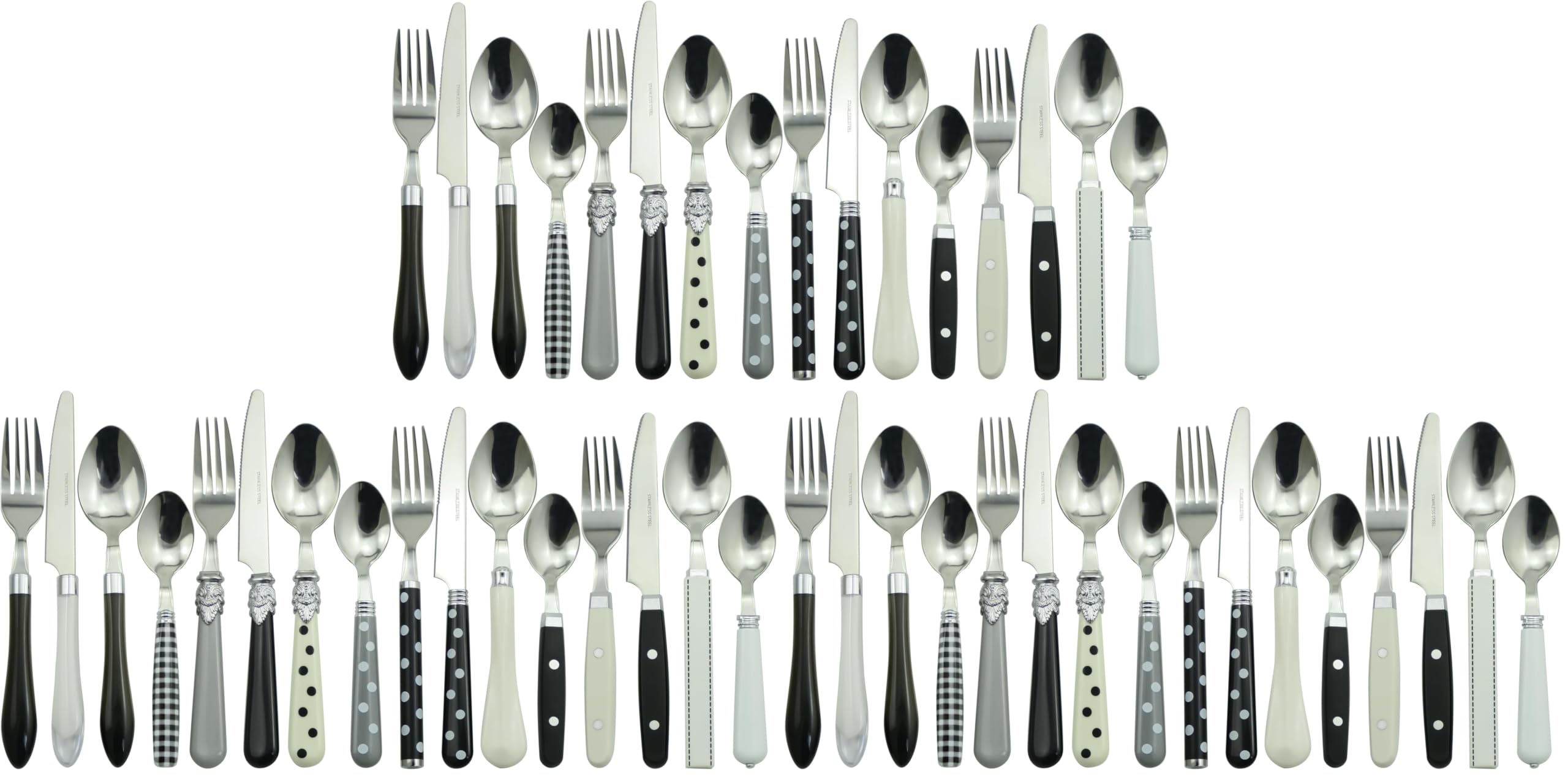 Gypsy Color Eclectic Black &amp; White Mix &amp; Match Stainless Steel Flatware Collection, Set of 16 (Pack of 3)