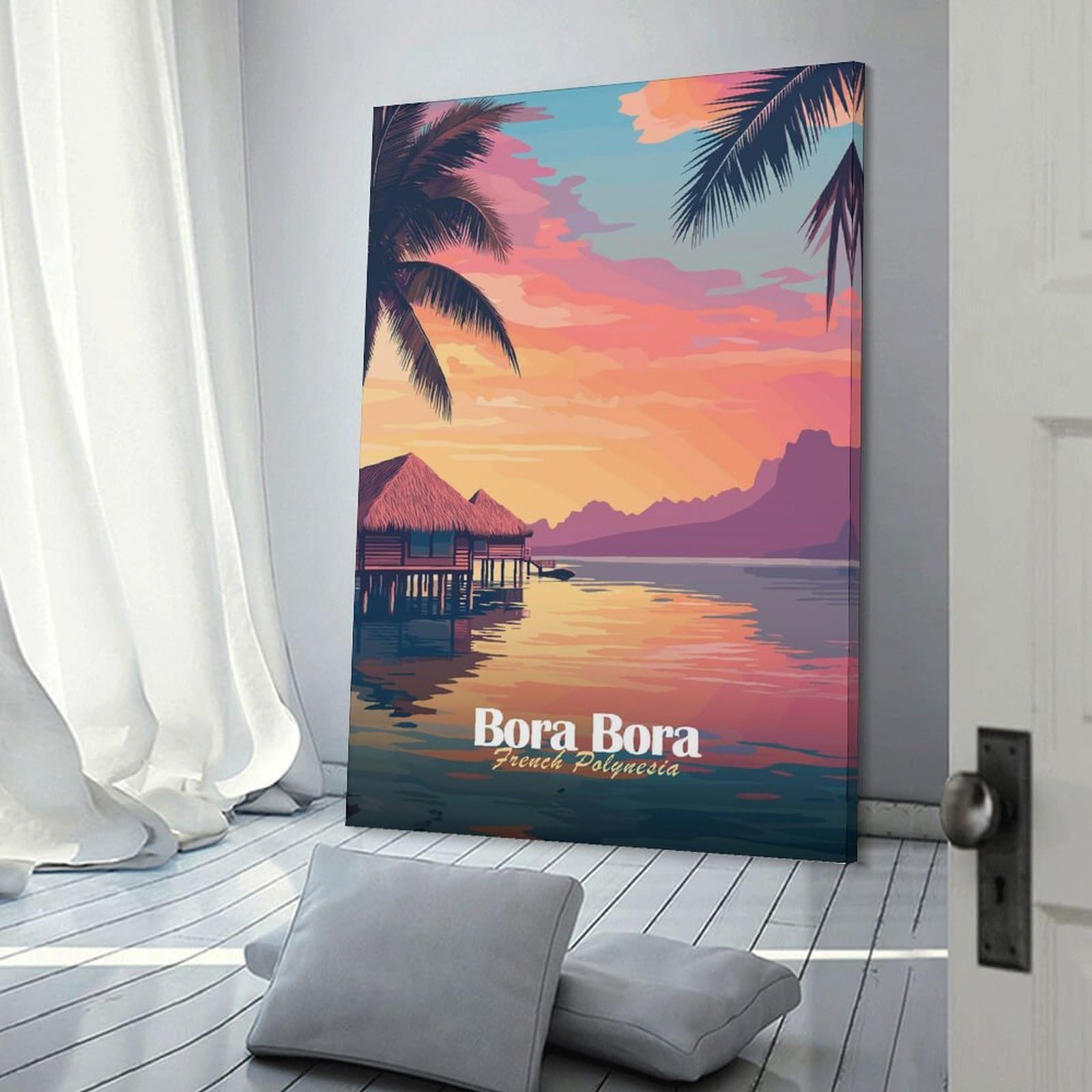 Junmoney Frame-Style-16 Bora Bora Sunset Decorative Wall Artwork 24X36inch(60X90cm), For Corridors, Hallways Or Apartment Entries, Home Artwork For First Impressions
