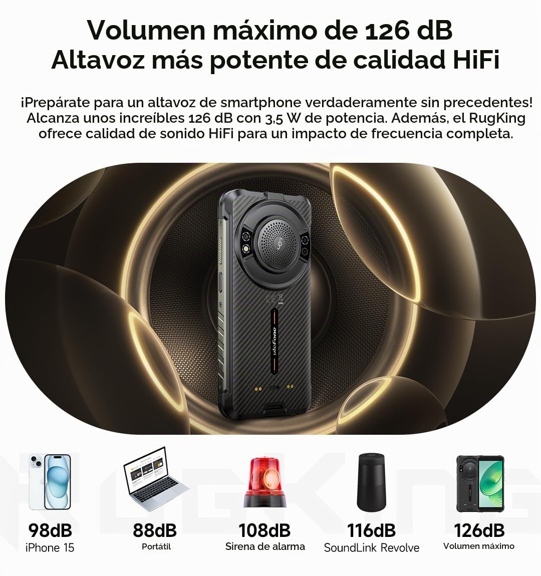 Ulefone RUGKING AI Móvil Rugerizado, Android 15 IA Grabación Llamadas, 126dB Altavoz, Linterna de Alto Brillo, 50MP Cámara, 16GB+256GB, 5,99" HD+(910nits), Teléfono Resistente IP68, 9600mAh, GPS NFC