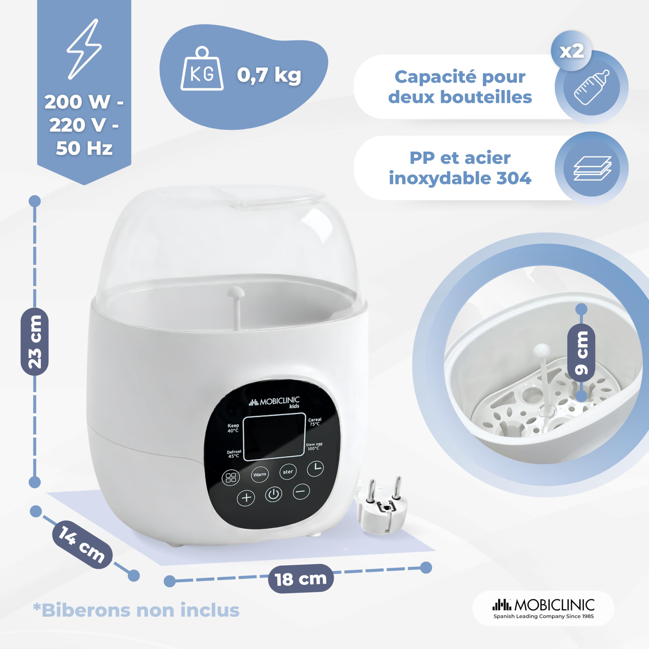 Mobiclinic®, Chauffe-biberon et Stérilisateur, 6 en 1, Double Capacité, Décongèle, Programmable, Maintient la Température, Chauffage Rapide, Lait Maternel, Sans BPA, Écran LCD, Compact, Bibidu