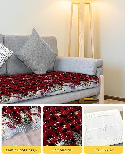 Miniatura 4 de Wowouhiya Christmas Couch Cushion Covers, Stretch Sofa Cover with Elastic Bottom, Red Black Plaid Snowman Xmas Tree Winter Snowflake Sofa Slipcovers