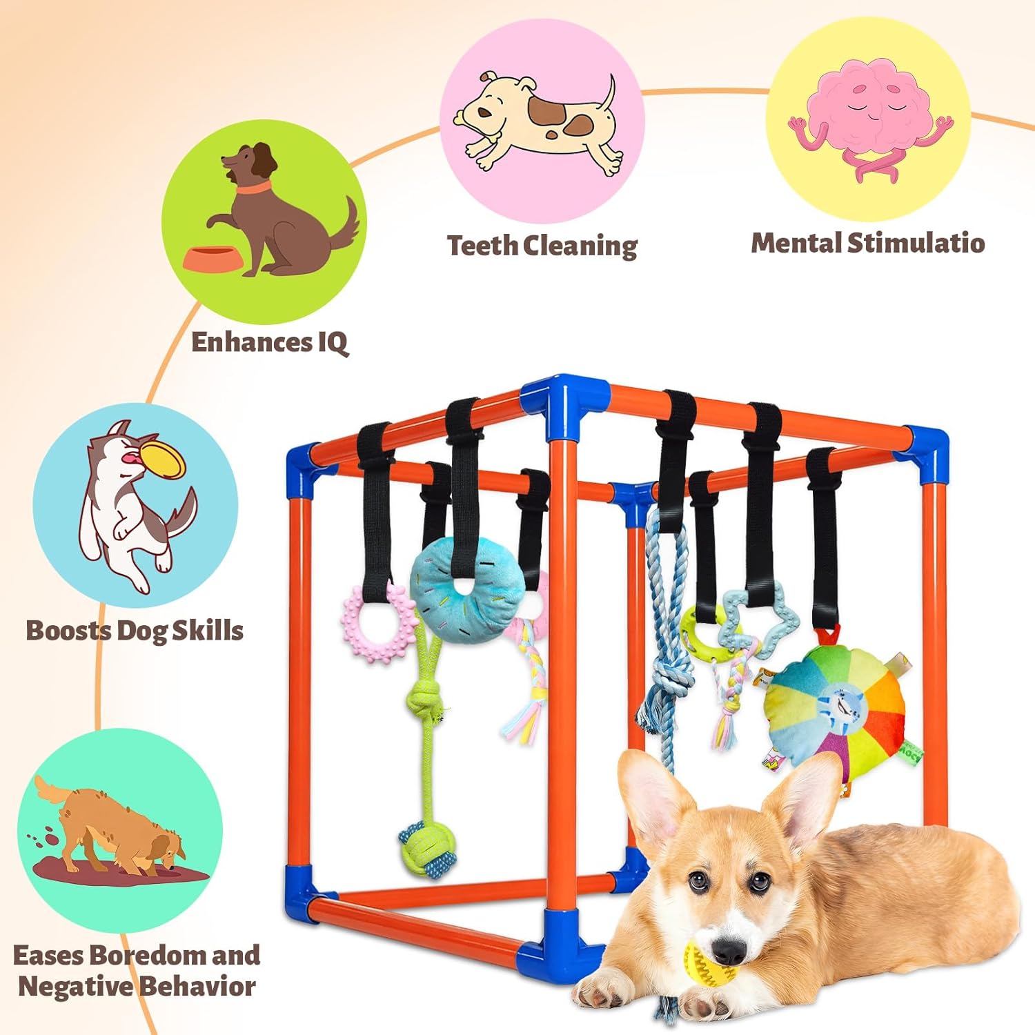 Puppy Play Gym with 9 Hanging Toys for Small Dogs, PVC Frame with Bungee Straps, Interactive Indoor Jungle Playground for Entertainment, Teething and Mental Stimulation