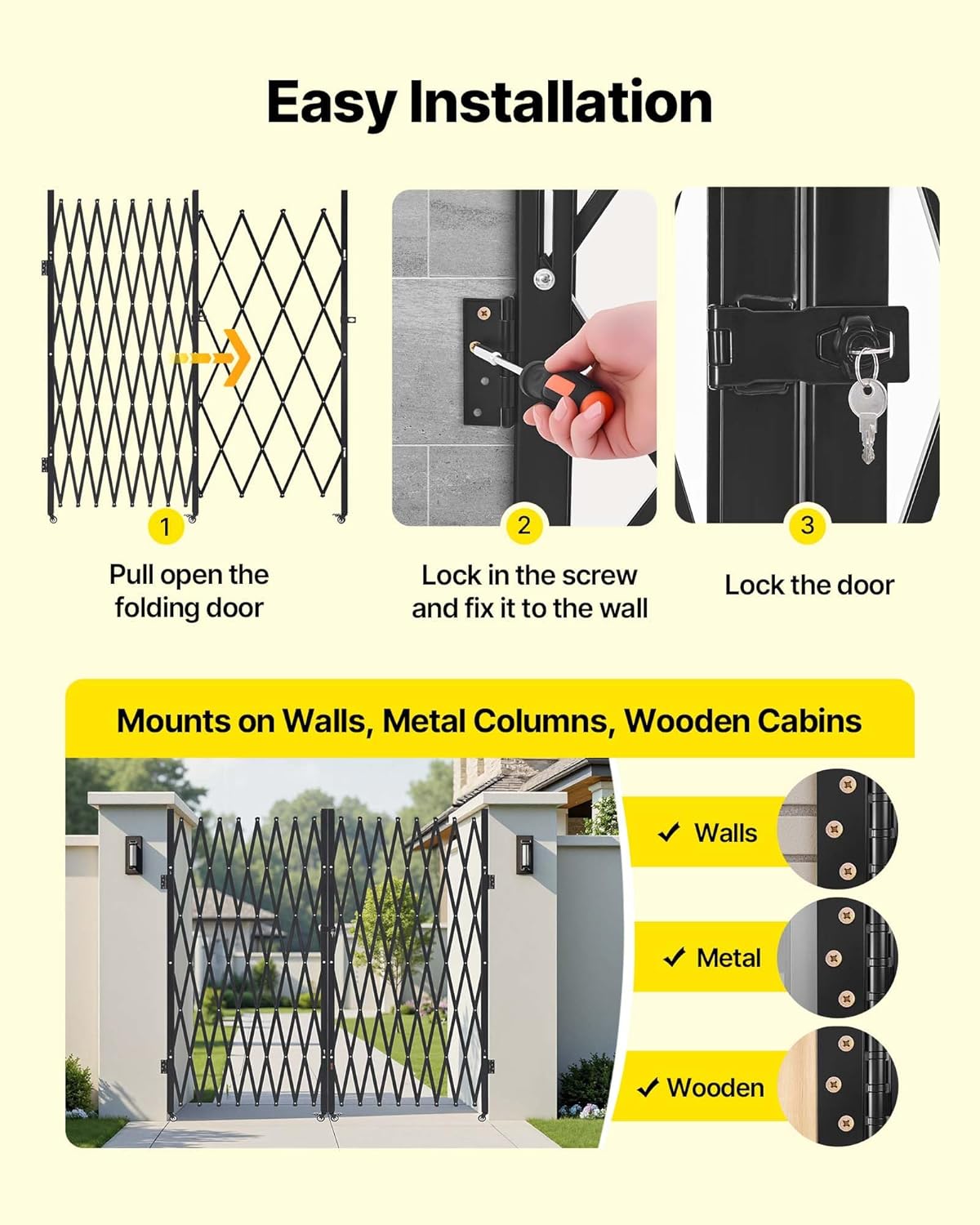 VEVOR Double Folding Security Gate, Lockable Scissor Gate with 360° Swivel Casters, Outdoor Barricade Steel Retractable Gates, for Entry Security, Garage, Warehouse & Pool, 155.12 x 86.81 in (W x H)
