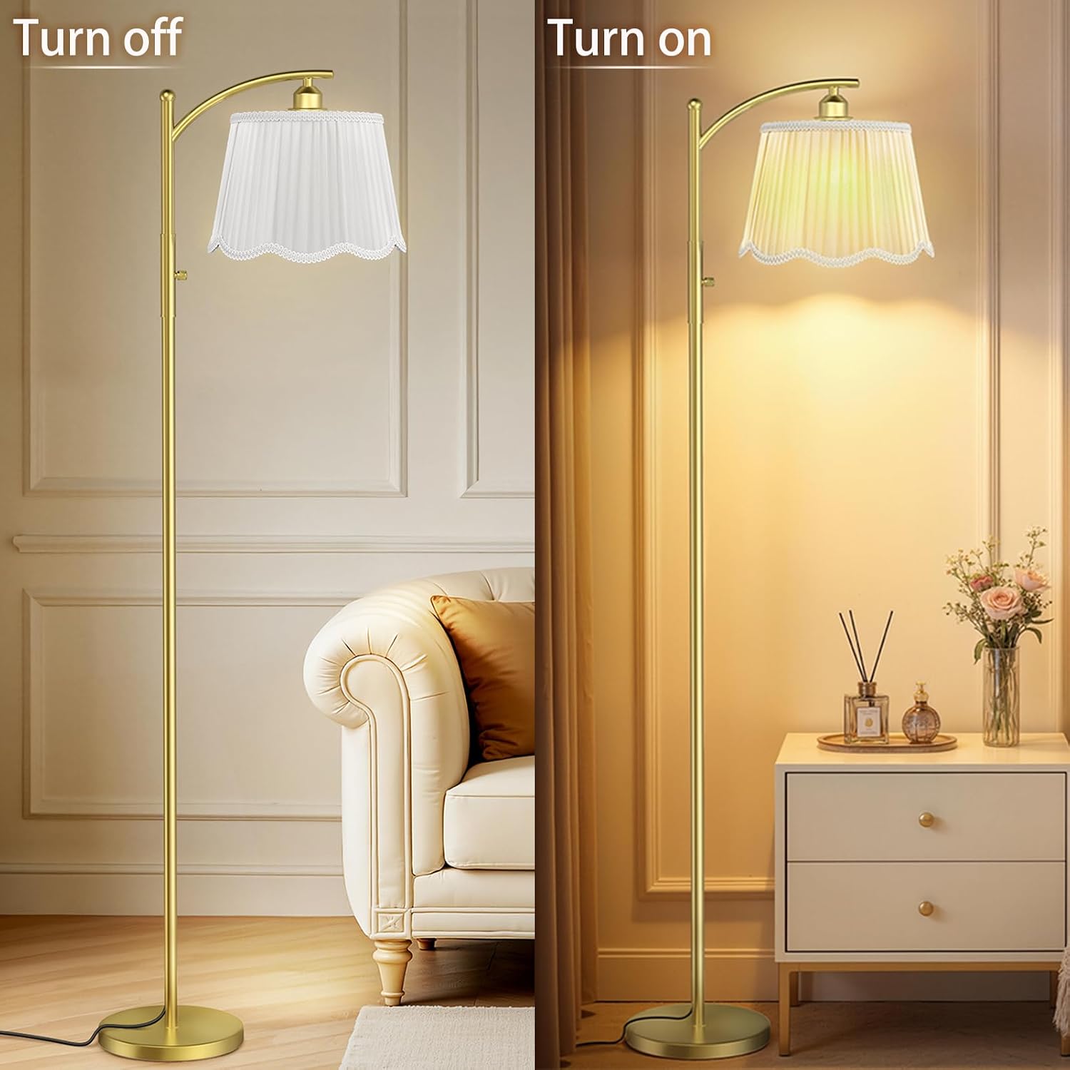 Karjoefar Arc Floor Lamps for Living Room, Modern Dimmable Floor Lamp with Double-Layer Gauze Lampshade, Tall Standing Lamp with 7W LED Bulb & Dimmable Knob, Gold Floor Lamp for Bedroom Study Room