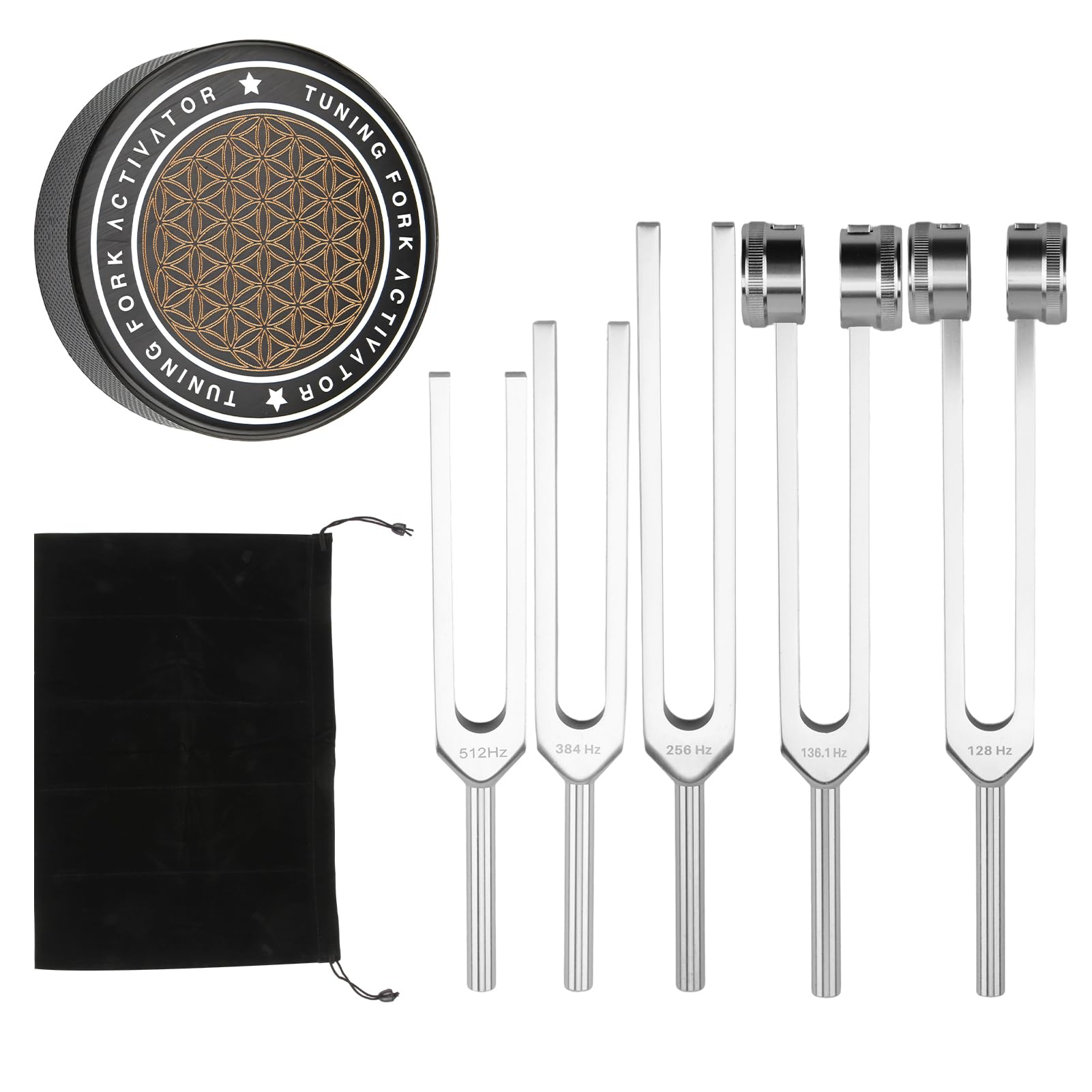 Widelce tuningowe do zestawu leczniczego, zawiera 128 Hz, 136 Hz, 256 Hz, 384 Hz, 512 Hz i aktywator, przenośne w torbie do przechowywania – medyczne instrumenty do uzdrawiania dźwiękiem do czakry