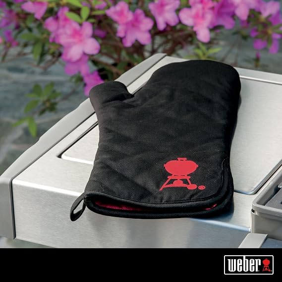Weber Barbecue Mitt Black Cotton Grill Mitt with Red Kettle Embroidery, Foldable Cuff, OneSizeFitsMost