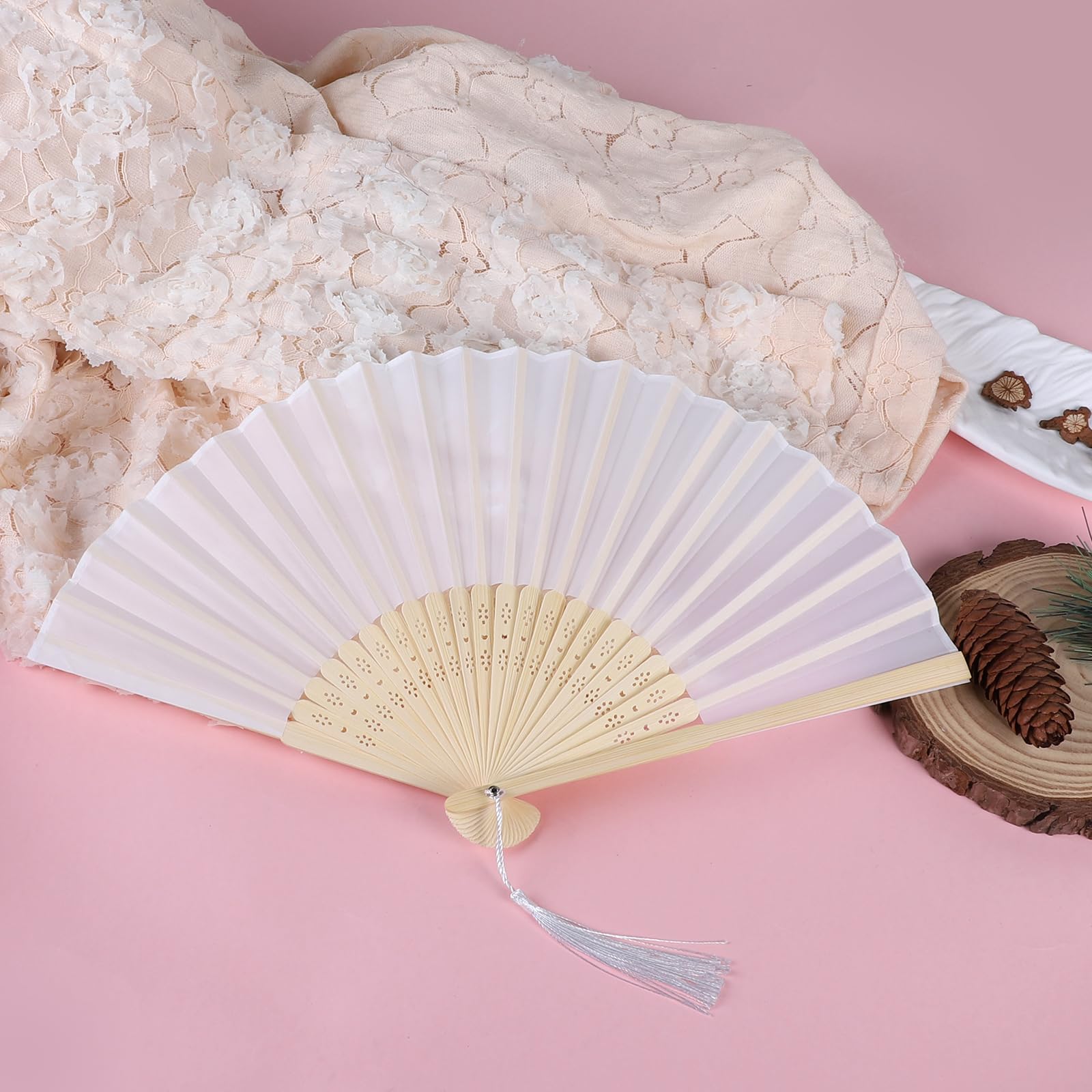 LALAGO 25 Piéces Éventails Pliants avec Frange en Soie, Ventilateurs Pliables, Ventilateur Pliant, Ventilateur Chinois pour Danse, Fête, Cadeau de Mariage, DIY, Décoration à la Maison (Blanc)