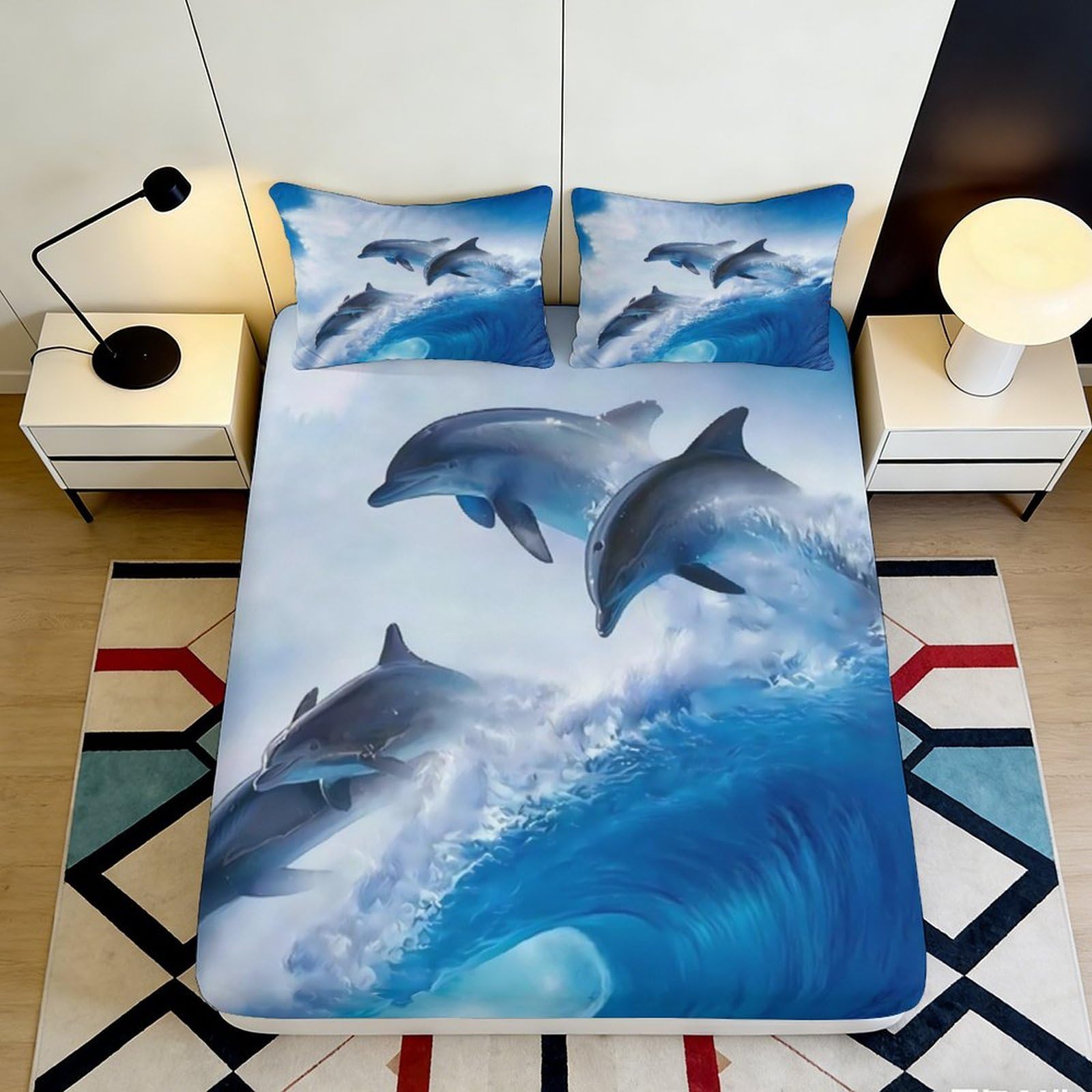 3D Printed Dolphin Ocean Wave Fitted Sheet Microfiber Soft Mattress Cover for Bedroom Guest Room Decor 90x200x25cm