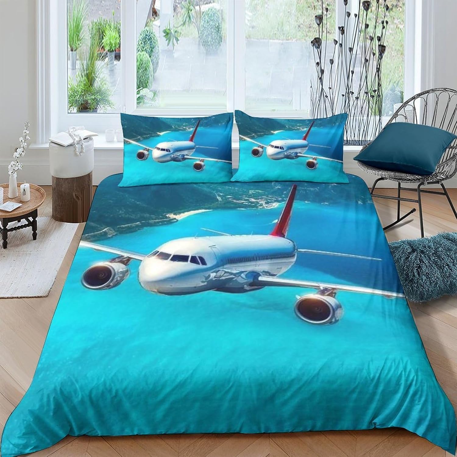Super King zestaw poszewek na kołdrę, samolot, miękka mikrofibra, nadruk 3D, pejzaż morski, poszewka na kołdrę 260 x 220 cm, z zamkiem błyskawicznym, z 2 poszewkami na poduszki 50 x 75 cm g.6540