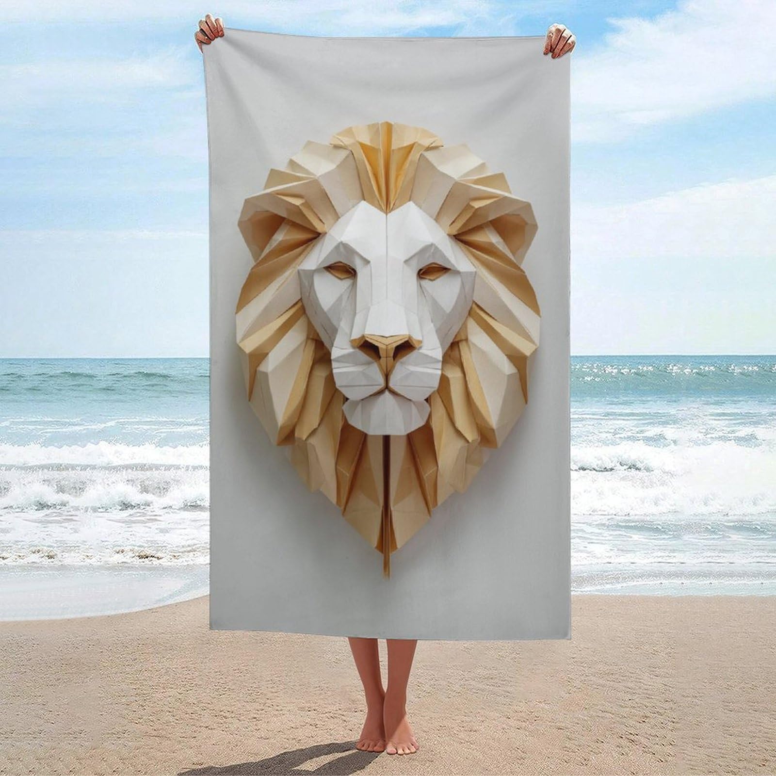 asbwuo Lion Face Geometric Folds Beach Towel