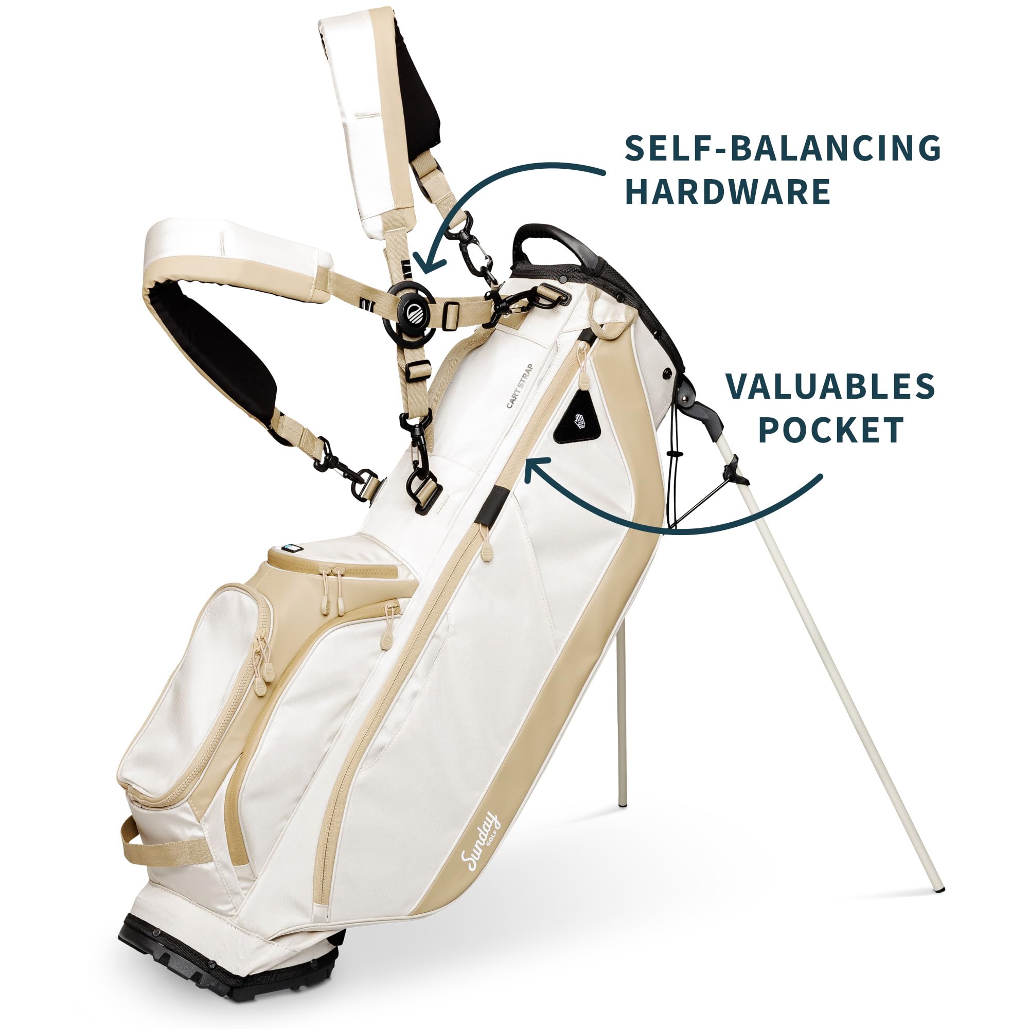Sunday Golf Ryder Standbag: Leichtes Golfbag, 2,22 kg, mit Wasserdichten Reißverschlüssen, 7 geräumigen Taschen, Das ideale Golf Standbag für bis zu 14 Schläger. | Leicht, 2,2 kg, 14 Fächer, 5-Wege-Trennwand, frostige isolierte Tasche, wasserabweisende Re