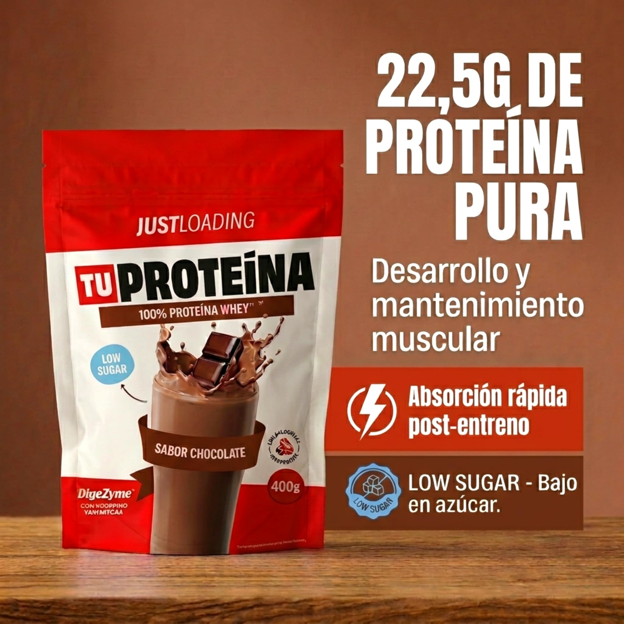 JustLoading Proteína Whey Chocolate 22,5g | DigeZyme | Rendimiento | 2x400g