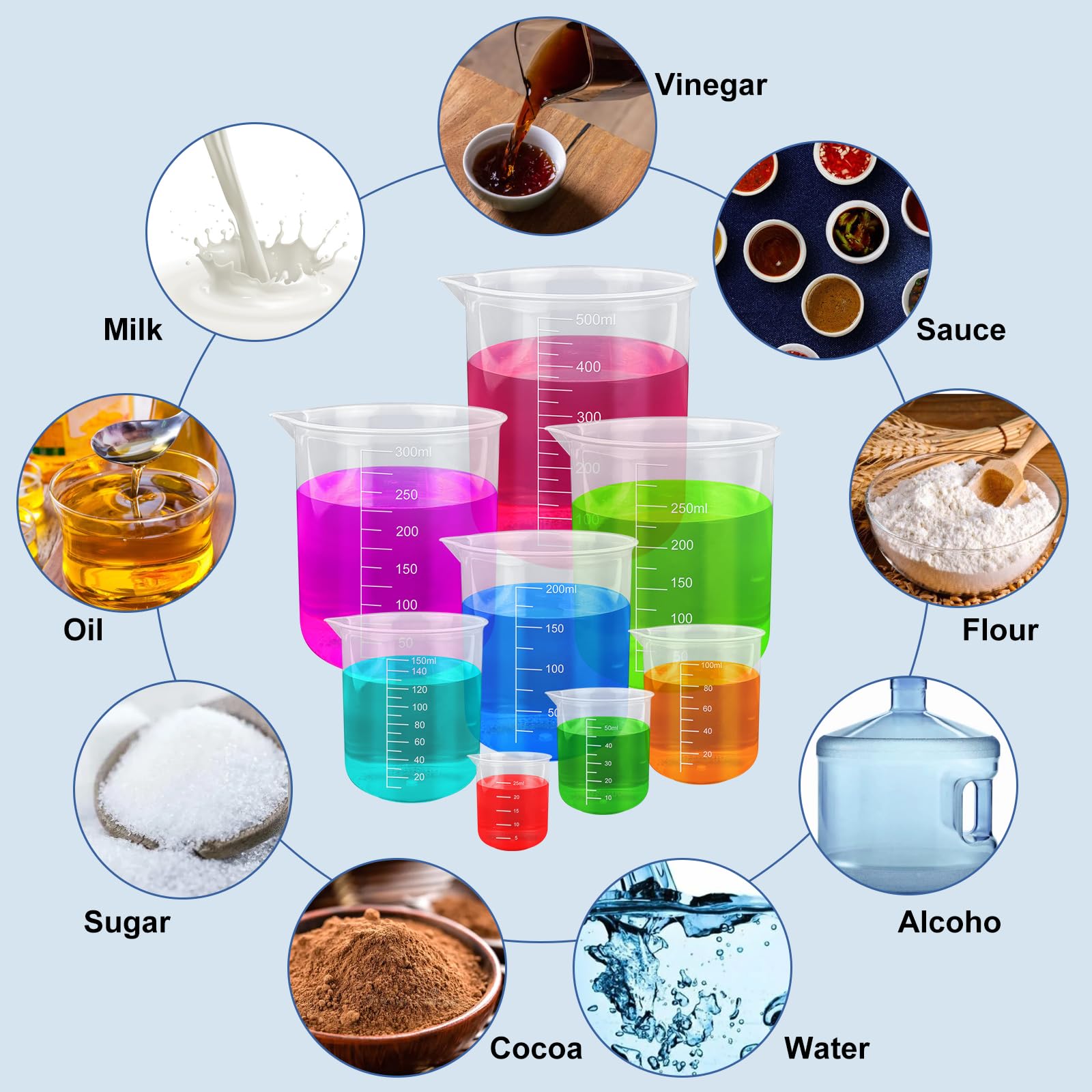Juego de 10 vasos medidores de laboratorio 25/50/100/150/200/250/300/500 ml de plástico con 2 tubos de centrífuga para mediciones diarias de laboratorio