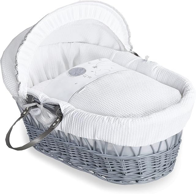 Clair de Lune | Over The Moon Grey Wicker Moses Basket with bedding | Includes mattress, Hood, Padded liner, Coverlet | UK Made with love | Grey