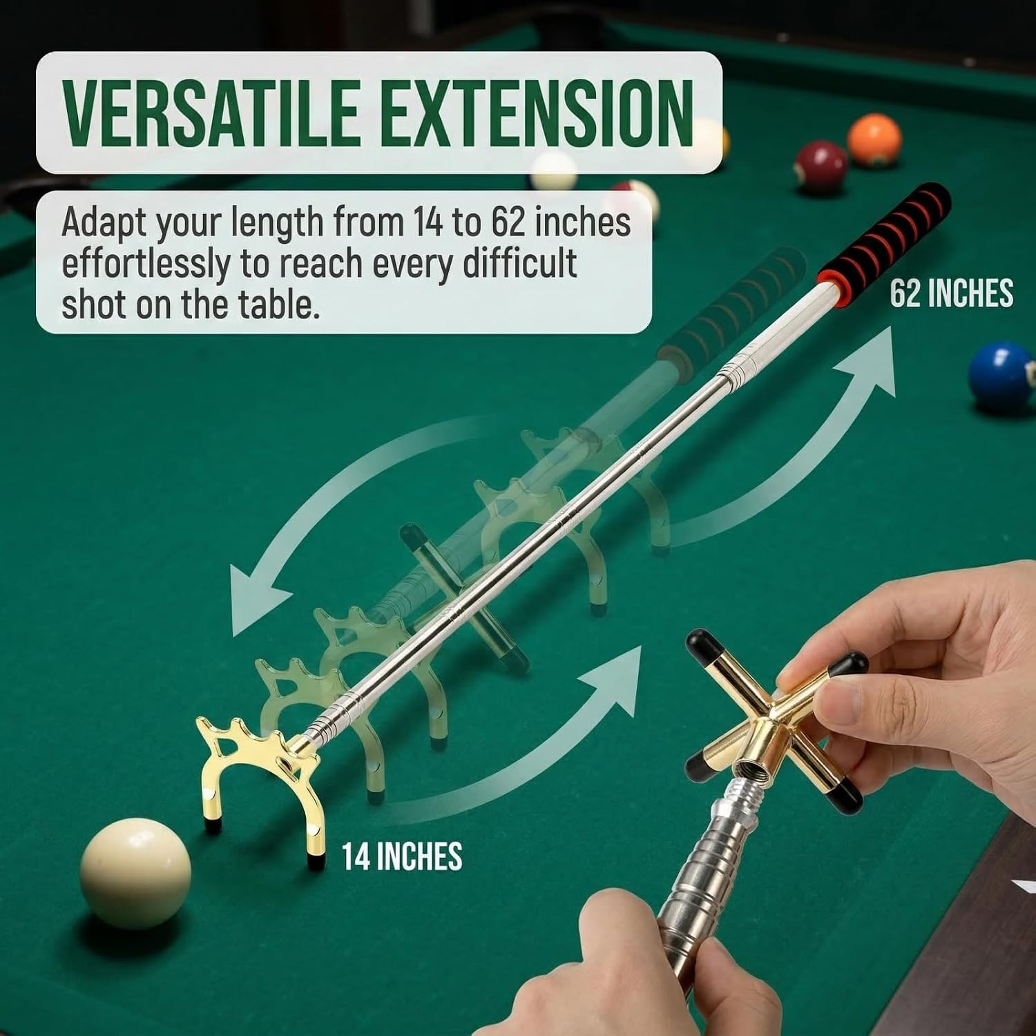 Pumtus Retractable Pool Cue Bridge, Billiards Cue Rest with 3 Pieces Removable Alloy Bridge Head, Snooker Pool Cue Bridge Stick, Billiards Table Accessories for Pool Table, Game, Competition