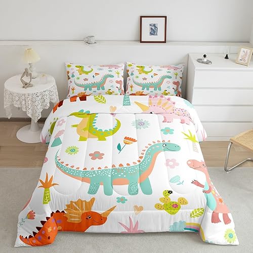 jejeloiu Kids Cartoon Dinosaur Bedding Set King Size Cute Di
