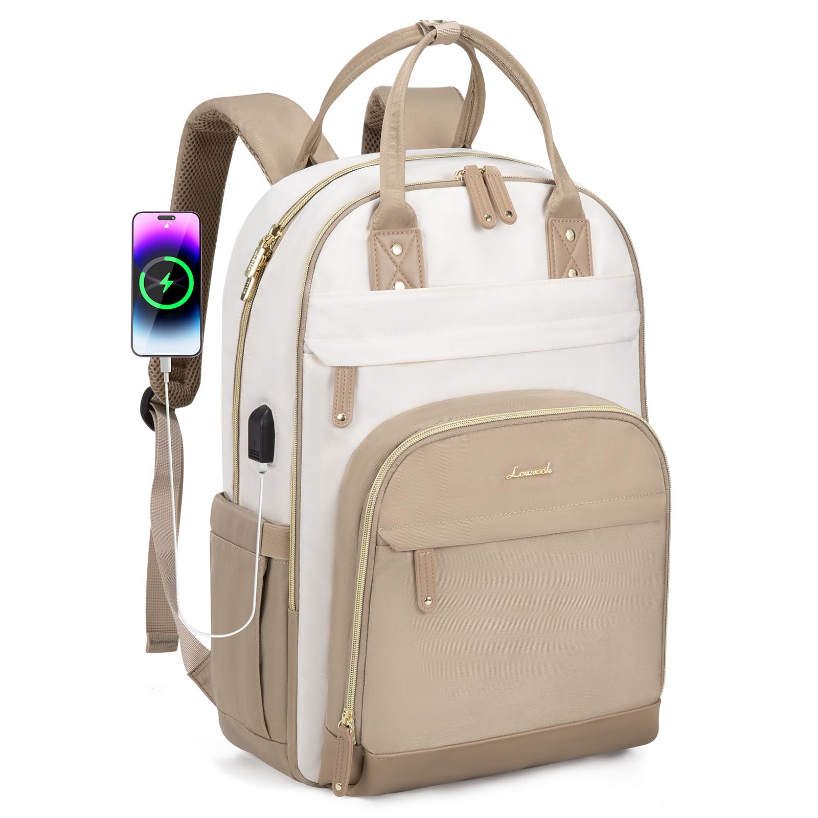 LOVEVOOKLOVEVOOK Backpack Womens, Waterproof 15.6 inch Laptop Rucksack Bag for Women with Anti-theft Zipper & USB Port, Large Ladies Backpacks Cabin Back Pack Womans for Travel Work School College,BeigeOEKO-TEX STANDARD 100