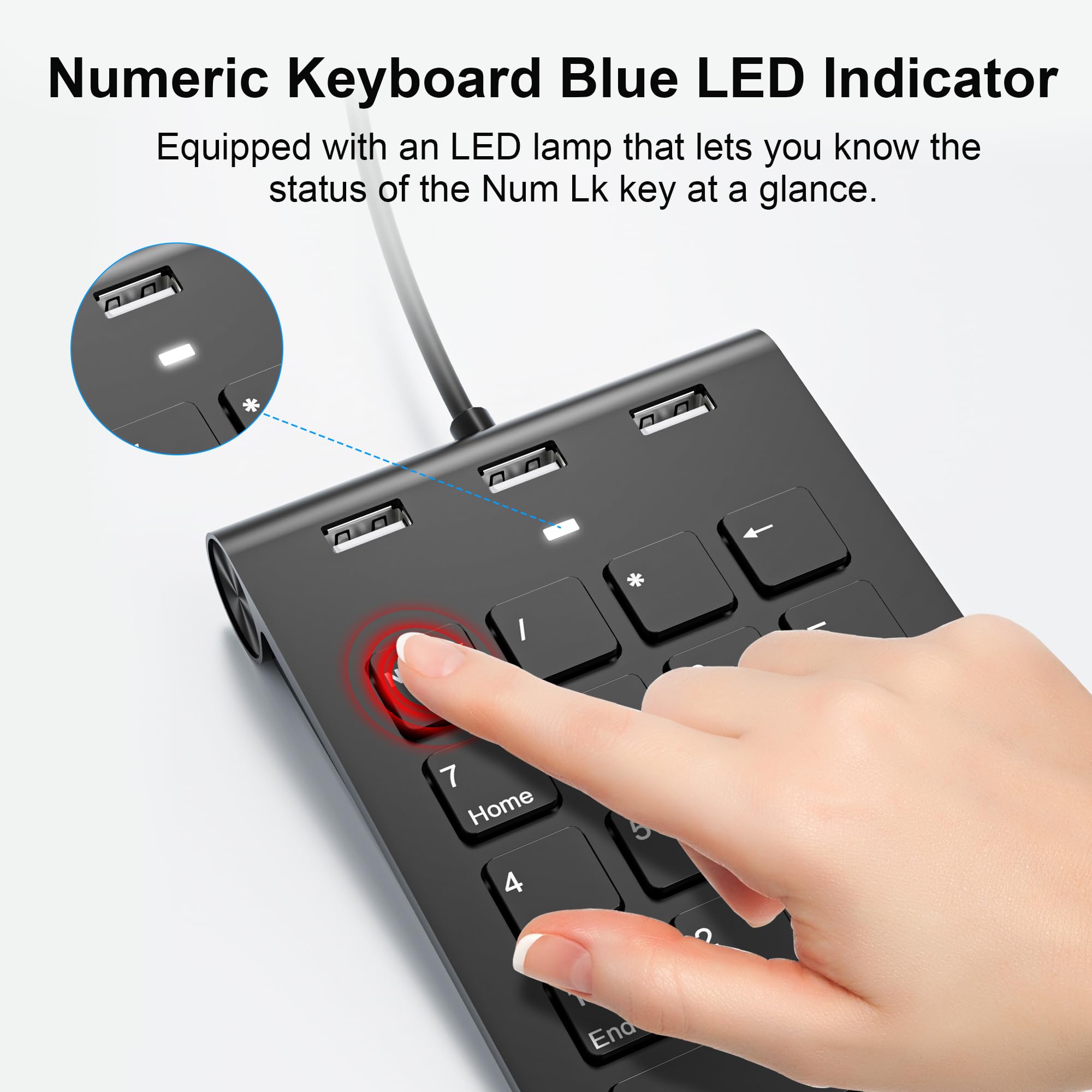 Teclado Numérico con Cable, USB A/USB C Ultradelgado 18 Teclas Mini Teclado Numpad Portátil Ergonómico con 3 USB 2.0 Puertos, Oficina Cálculo Extensiones de Teclado para Computadora Portátil, PC