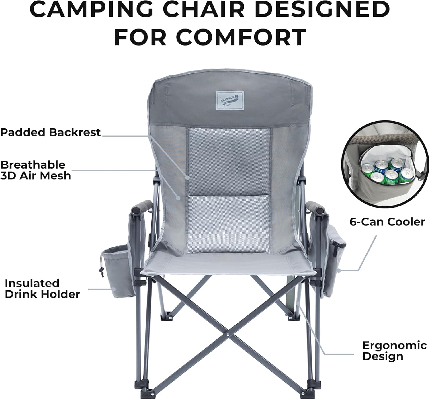 Camphor Designs Heavy Duty Portable Folding Camping Chair for Adults with Padded | for Outdoor & Sports, Backpacking, Beach, Lawn, Hunting, Tailgating, Fishing | Supports 400 Lbs (Single, Beige)